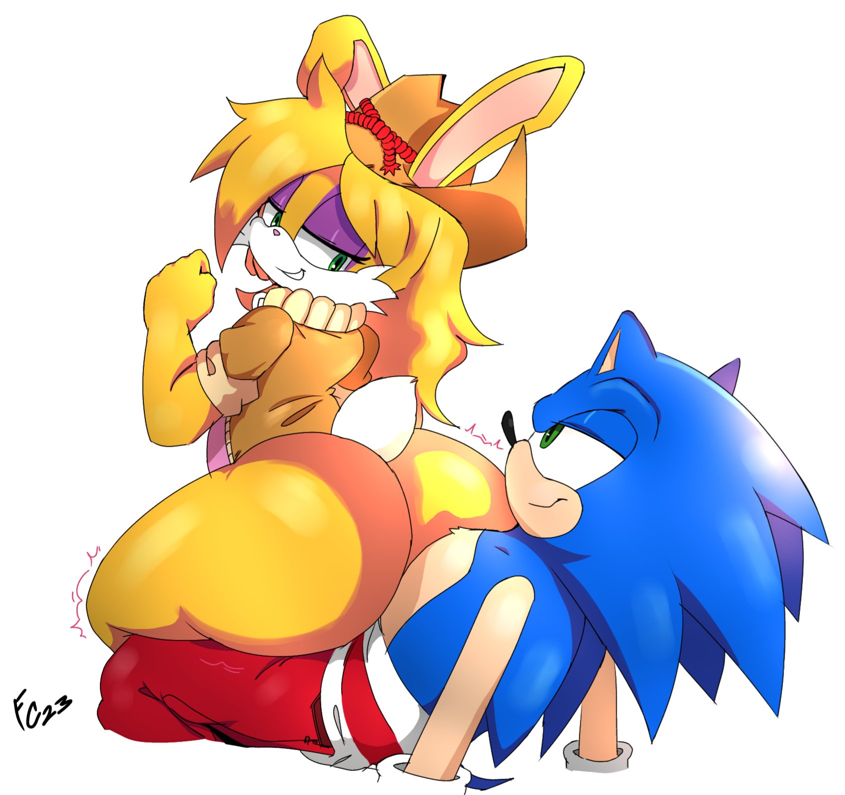 1boy, 1girls, 2023, animal ears, anthro, anthro on anthro, archie comics, ass, big ass, big butt, black nose, blonde hair, blue body, blue fur, blue hair, blue skin, bubble ass, bubble butt, bunnie rabbot, bunny, bunny girl, bunny tail, clenched hands, clothed, clothing, couple, cowboy hat, duo, eye contact, eyelashes, eyeshadow, farmgirl, female, fur, furry, gloves, green eyes, grinding, hat, huge ass, huge butt, jacket, large ass, large butt, large thighs, long hair, looking back, makeup, male, male/female, mammal, mobian, narrowed eyes, pants, pink nose, rabbit, rabbit ears, rabbit girl, sega, simple background, sitting on lap, sitting on person, smile, sonic (series), sonic the hedgehog, sonic the hedgehog (archie), sonic the hedgehog (comics), sonic the hedgehog (series), spiky hair, tail, thick thighs, two-tone body, two-tone fur, white background, yellow body, yellow fur, yellow skin