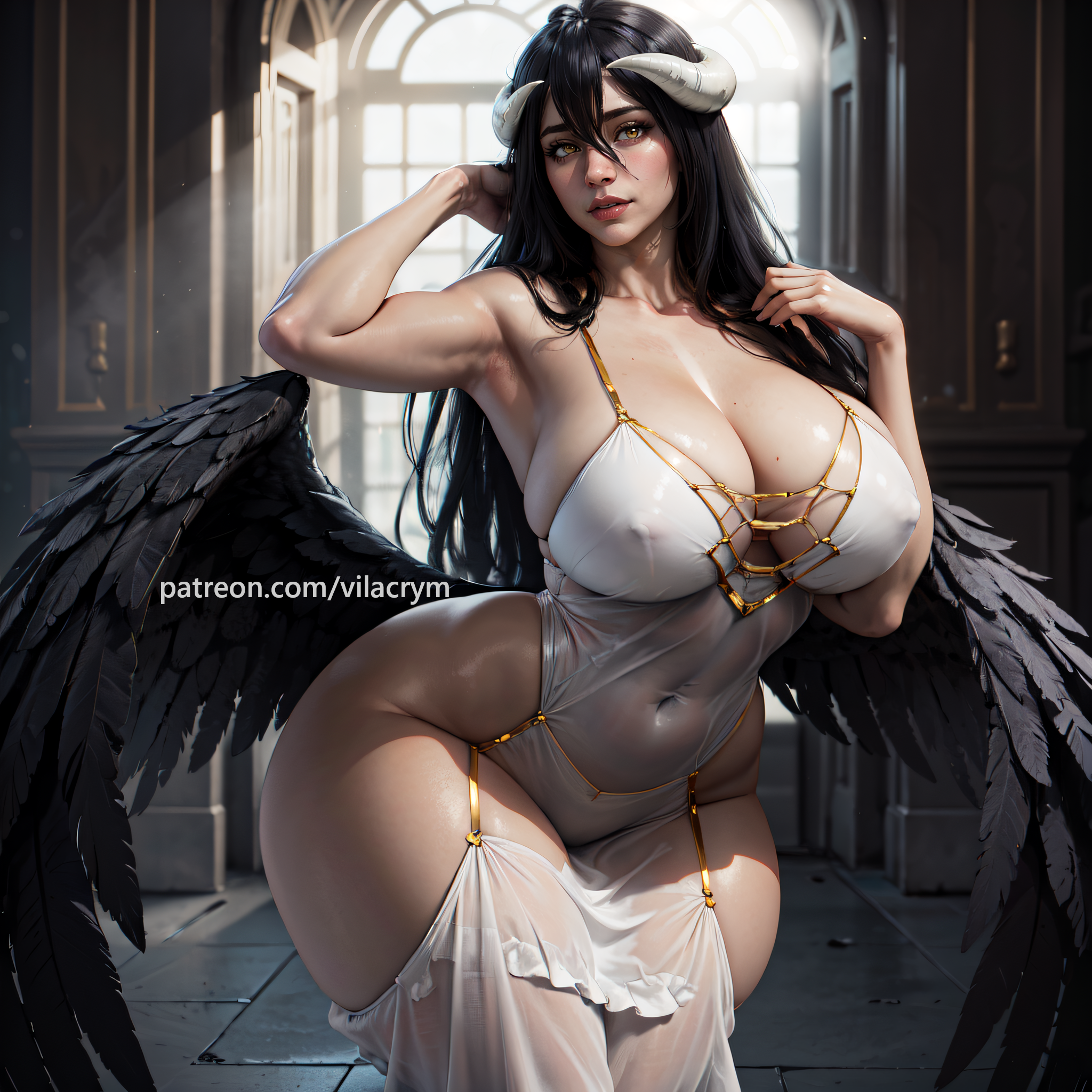 ai generated, albedo (overlord), ass, big ass, big breasts, breasts, demon, dress, female, horns, hourglass figure, huge breasts, overlord (maruyama), stable diffusion, succubus, thick thighs, vilacrym, wide hips, wings