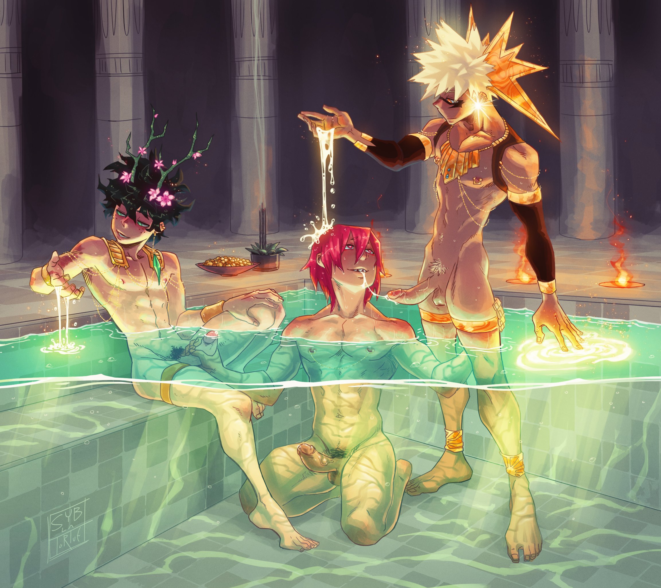 3boys, bath, bathing, blonde hair, cum, eijirou kirishima, erection, feet, fellatio, gay, green hair, handjob, izuku midoriya, jewelry, katsuki bakugou, male, male only, my hero academia, naked, nipple piercing, nipples, oral, piercing, pool, precum, red hair, sauna, syblatortue, tagme, toenails, toes, yaoi