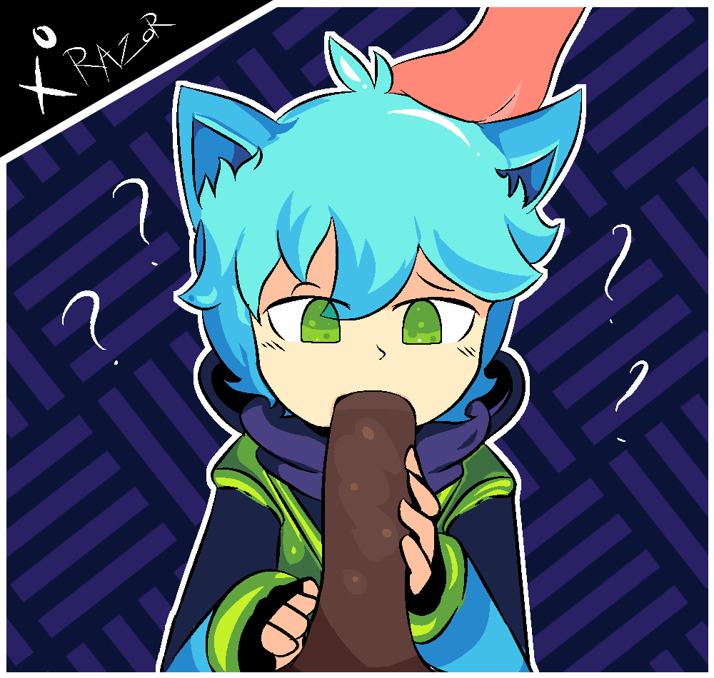 blowjob cat_boy cat_ears catboy confusion curious_cat cyan_hair gay green_eyes hand_on_head huge_cock kit_the_leprechaun leprechaun original_character razor_xo rth_series white_skin