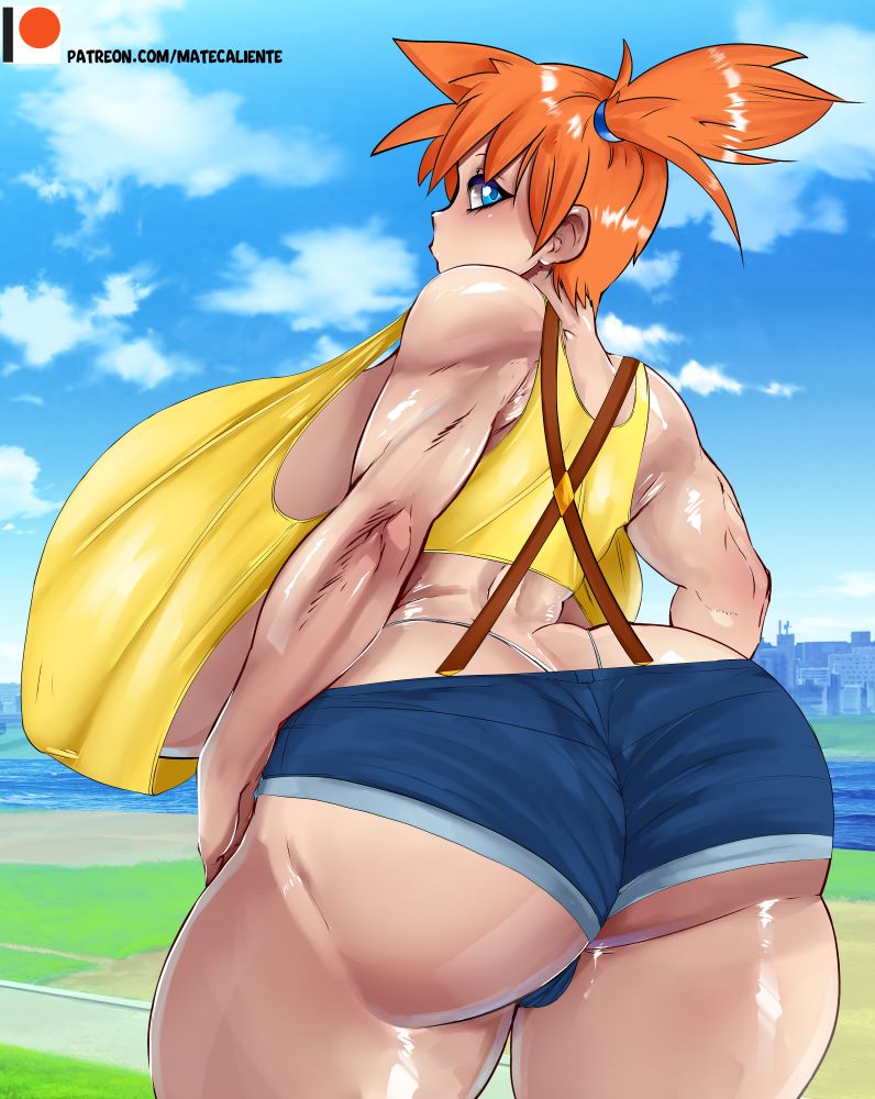 ass ass_bigger_than_head ass_bigger_than_torso back_view big_ass big_breasts blue_eyes breasts breasts_bigger_than_head breasts_bigger_than_torso clothed female female_only huge_breasts javomateador kasumi_(pokemon) large_breasts nintendo no_bra orange_hair outdoors pokemon solo underboob