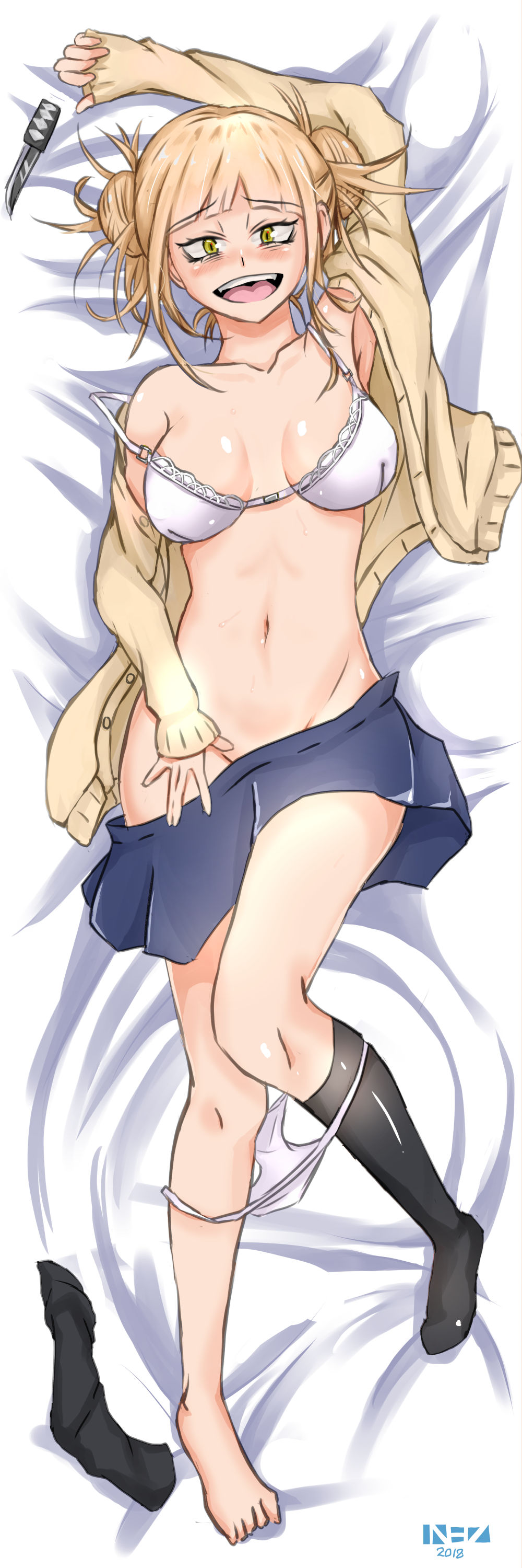1girls, armpits, black socks, blonde hair, blonde-haired female, boku no hero academia, bra, eyebrows visible through hair, female, female only, himiko toga, knee socks, kneehighs, kneesocks, knife, looking at viewer, my hero academia, navel, nez-3, one hand up, open mouth, panties, panties around leg, socks, thick thighs, tongue, villain, villainess, weapon, white bra, white panties