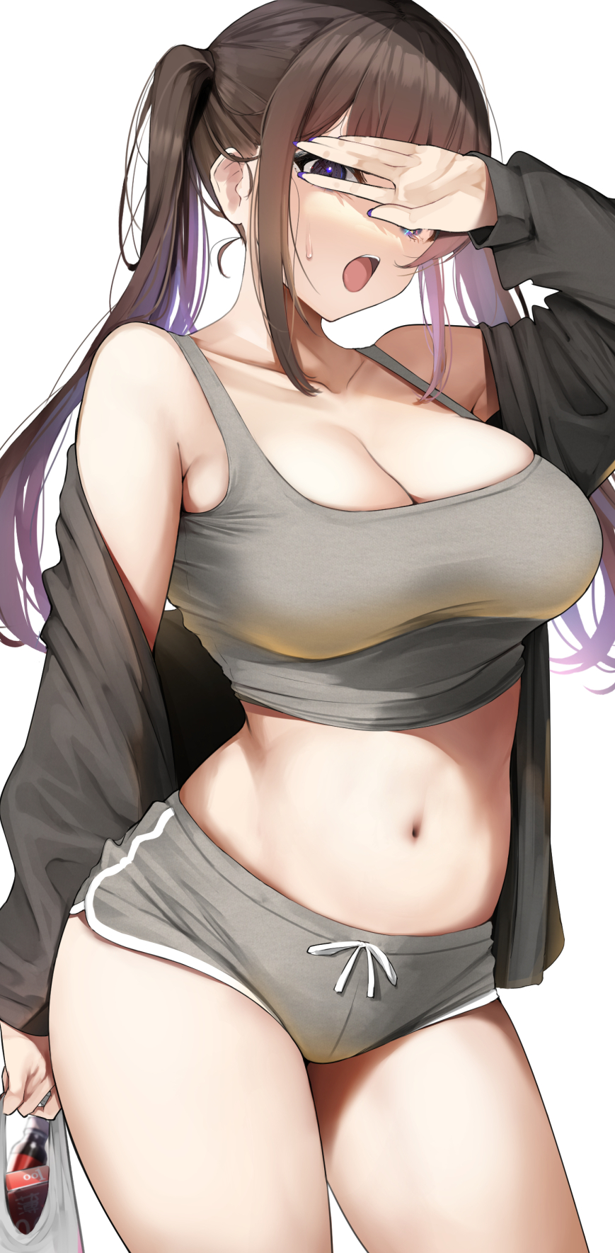 1girls, belly, belly button, big breasts, breasts, brown hair, cleavage, clothing, covering eyes, female, hi res, highlights (coloring), human, jacket, large breasts, midriff, nail polish, open mouth, original, original character, purple eyes, purple hair, short shorts, shorts, solo, sweating, tank top, thick thighs, thighs, twintails