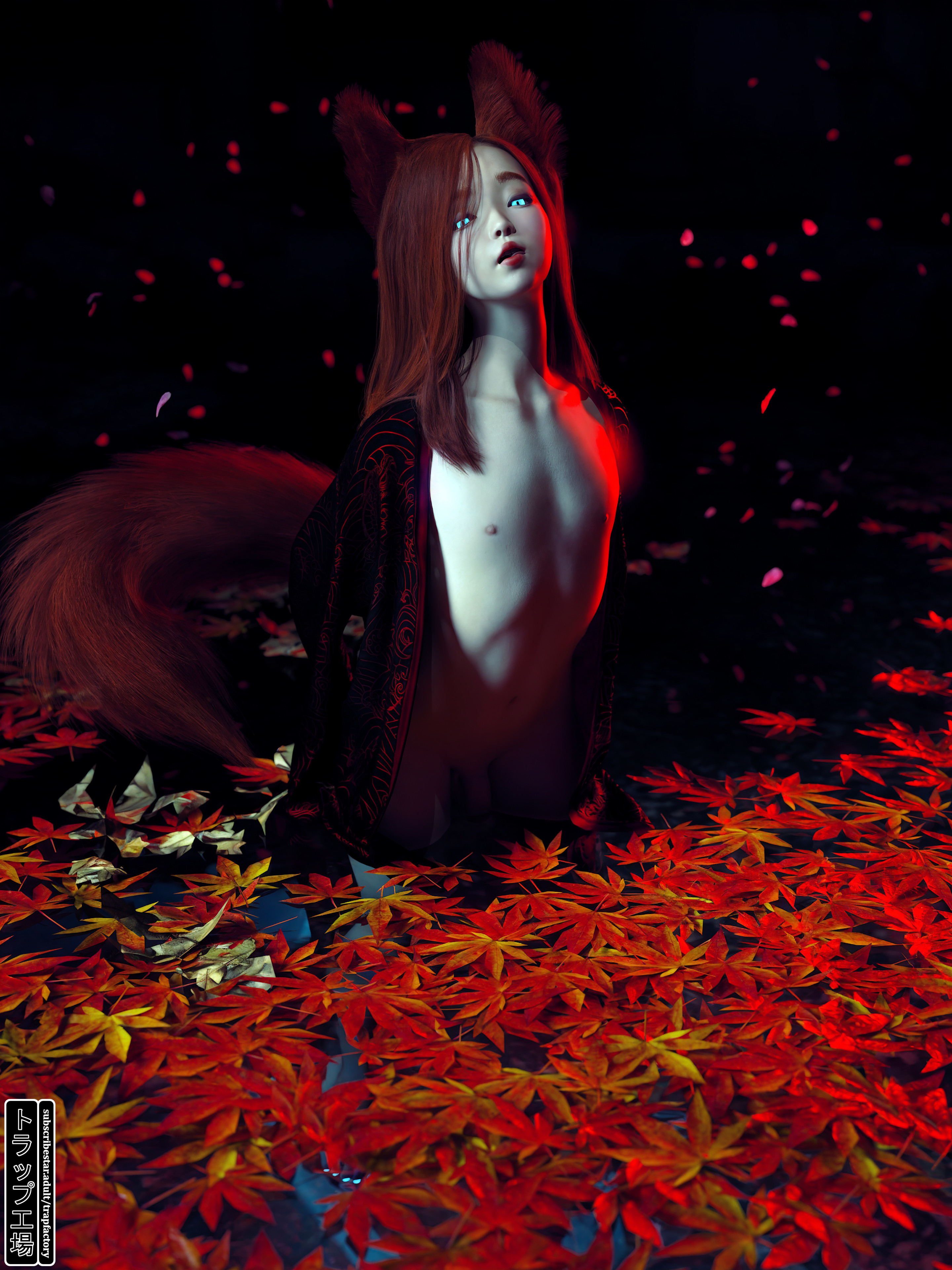 1boy, androgynous, asian, demon, femboy, flaccid, flaccid penis, flat chest, fox ears, fox tail, glowing eyes, male, night, open robe, otoko no ko, penis, petals, red hair, solo, torappukojo, trap