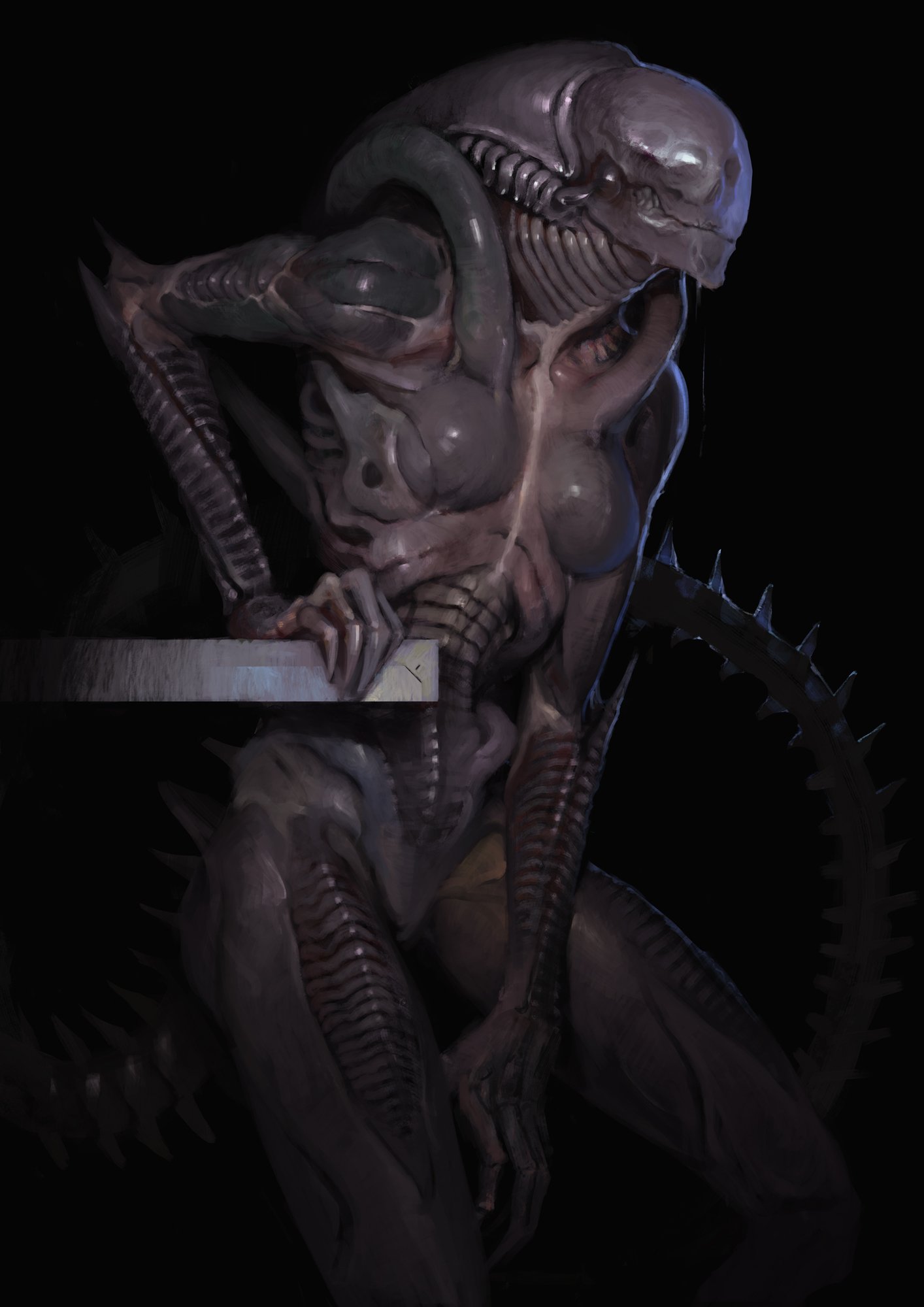 1girls, 2d, 2d (artwork), alien (franchise), breasts, exoskeleton, female, female only, female xenomorph, monster girl, oleg bulakh, simple background, solo, solo female, thighs, xenomorph
