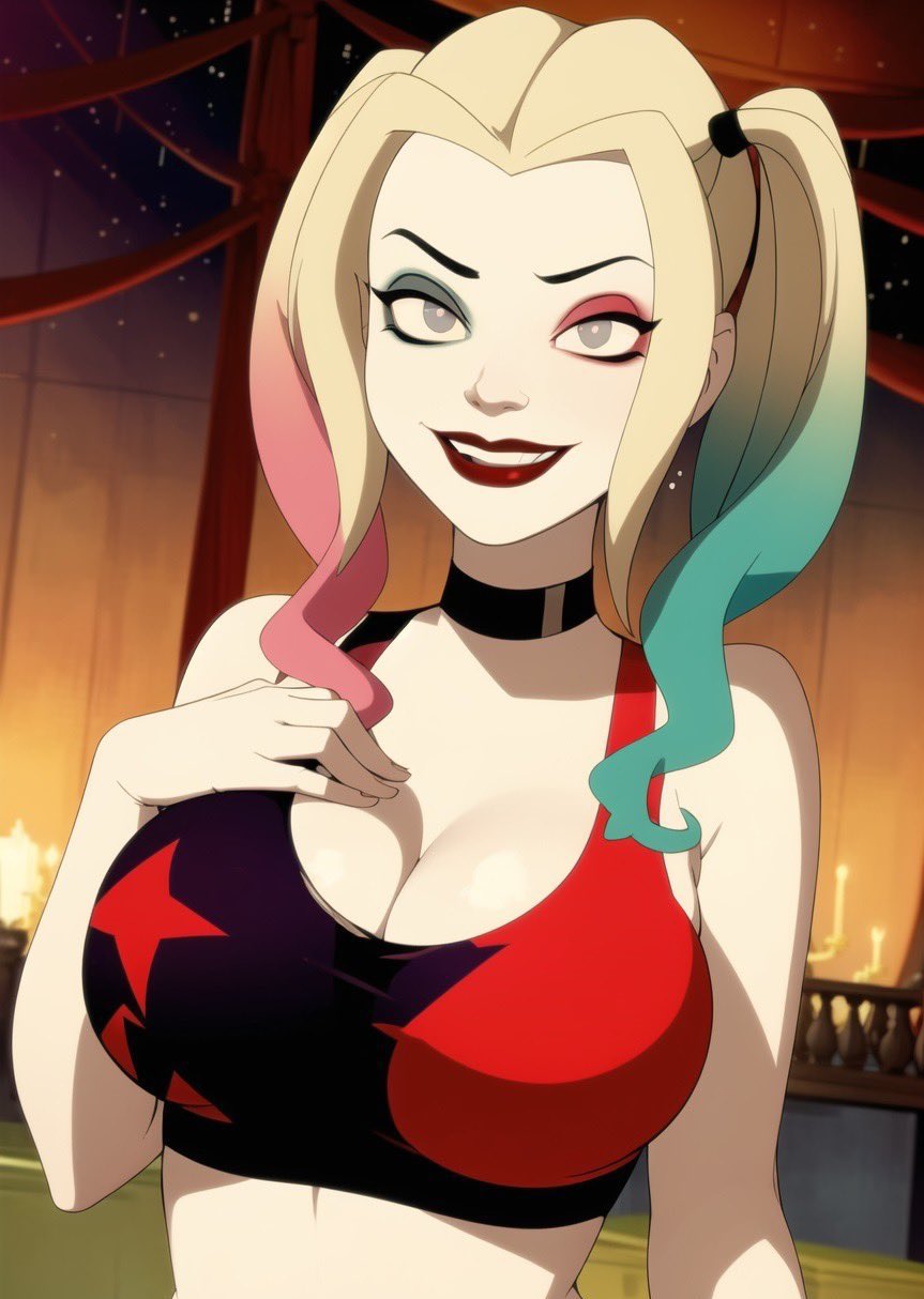 1girls ai_generated big_breasts choker cleavage dc dc_comics female female_only harley_quinn harley_quinn_(series) large_breasts makeup multicolored_hair pale-skinned_female pale_skin red_lipstick solo tagme twintails unknown_artist