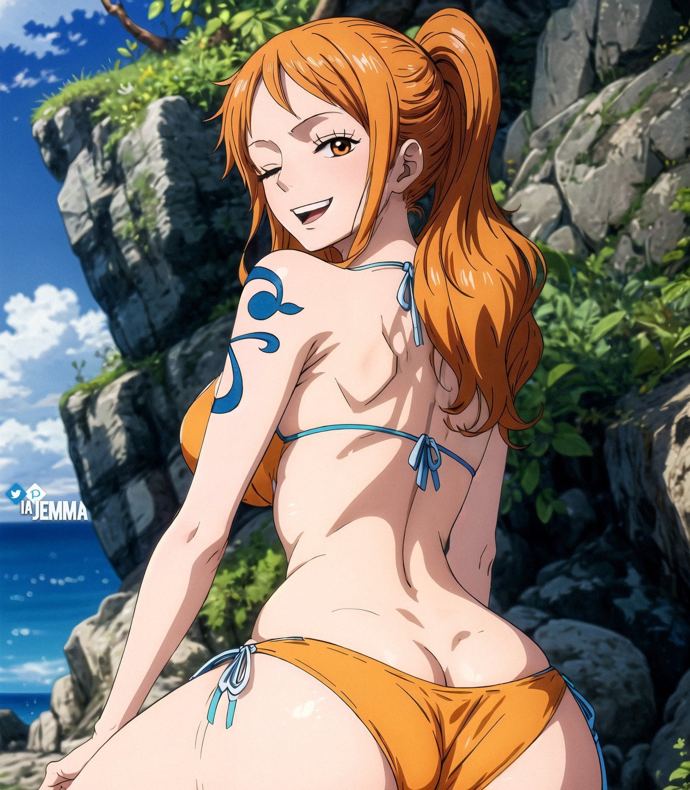 1girls, ai generated, ass, ass crack, big ass, big butt, bikini, breasts, butt crack, female, female only, hi res, huge ass, jemmasoria, large breasts, nami (one piece), one eye closed, one piece, orange hair, ponytail, post-timeskip, smile, solo, stable diffusion, wide hips