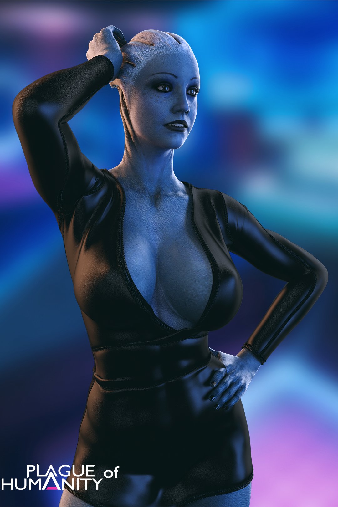 1girls, 3d, 3d (artwork), alien girl, asari, blue eyes, blue skin, breasts, cleavage, clothing, female, female only, hips, large breasts, liara t'soni, mass effect, plague of humanity (artist), solo, thighs