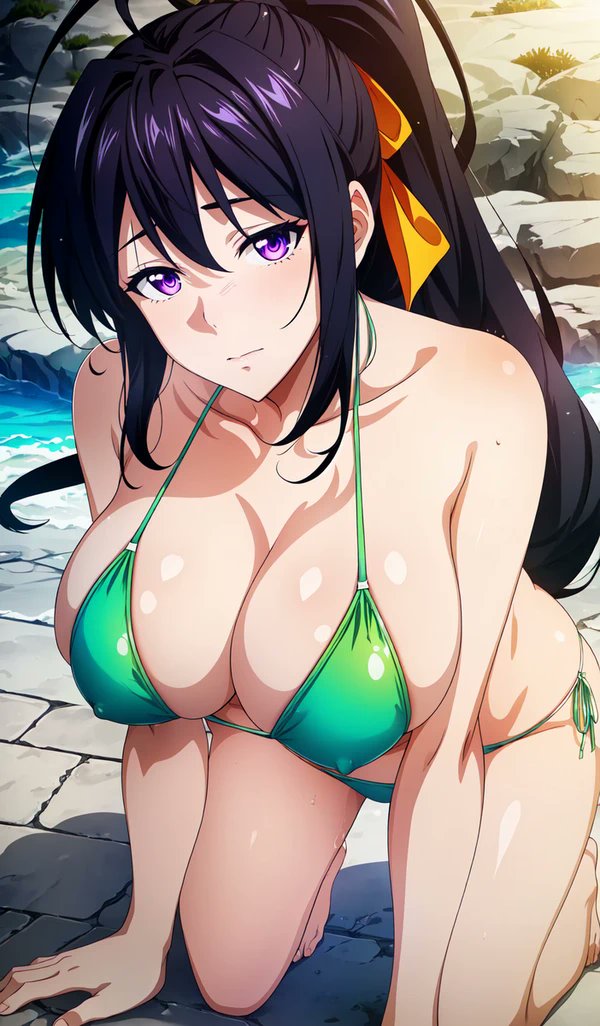 1girls, ai generated, akeno himejima, all fours, bikini, breasts, busty, cleavage, erect nipples, female, high school dxd, large breasts, nipples, ponytail, purple eyes, purple hair, shiny skin, solo, stable diffusion