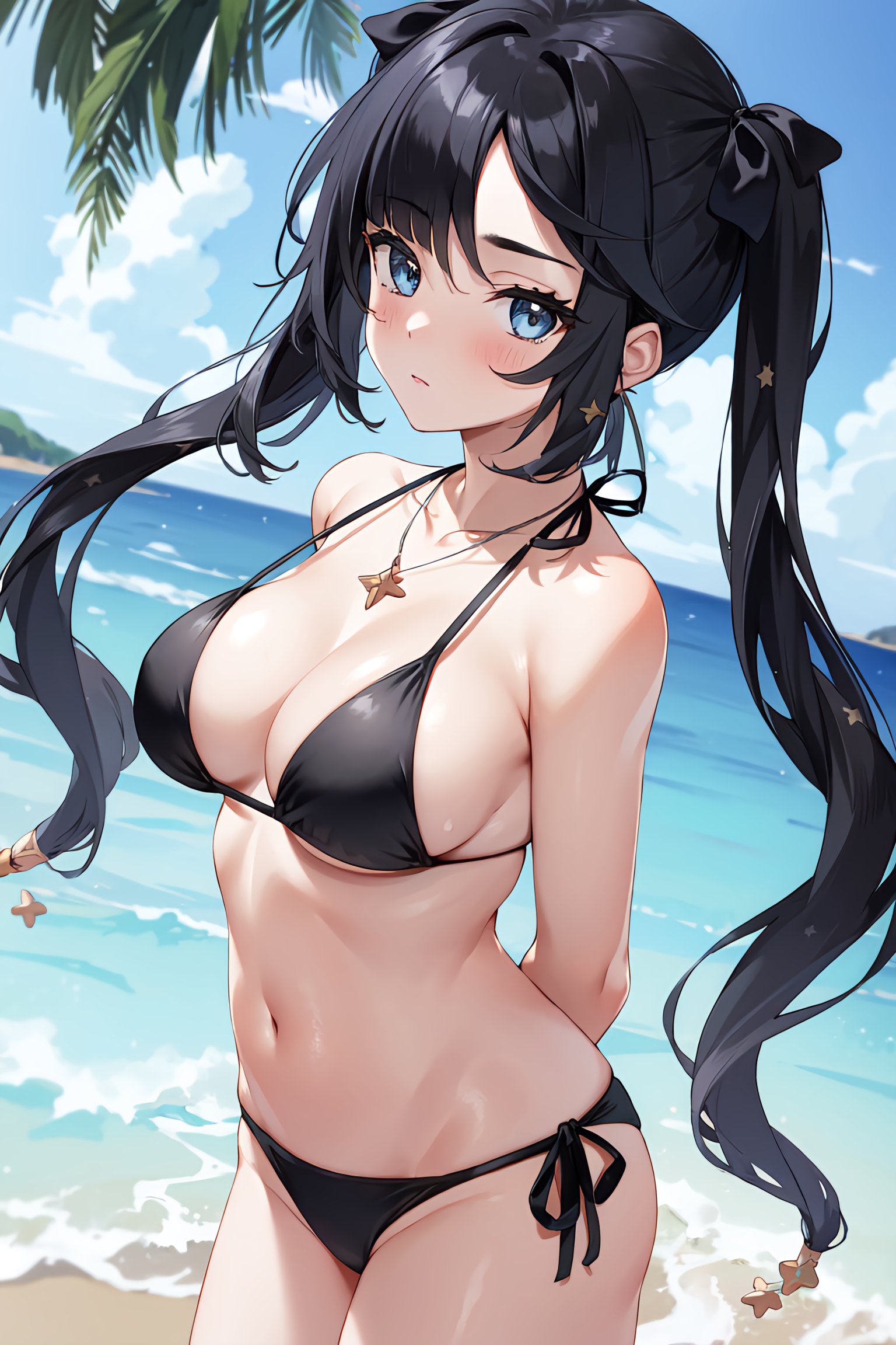 1girls, ai generated, beach, bikini, black hair, blue eyes, blush, breasts, female, genshin impact, medium breasts, mona (genshin impact), nai diffusion, navel, necklace, stable diffusion, tagme, twintails