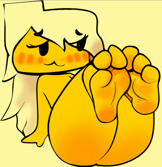 1girls blush feet feet_in_camera feet_up female foot_fetish friday_night_funkin looking_at_another meri_(friday_night_funkin) presenting_feet yellow_body