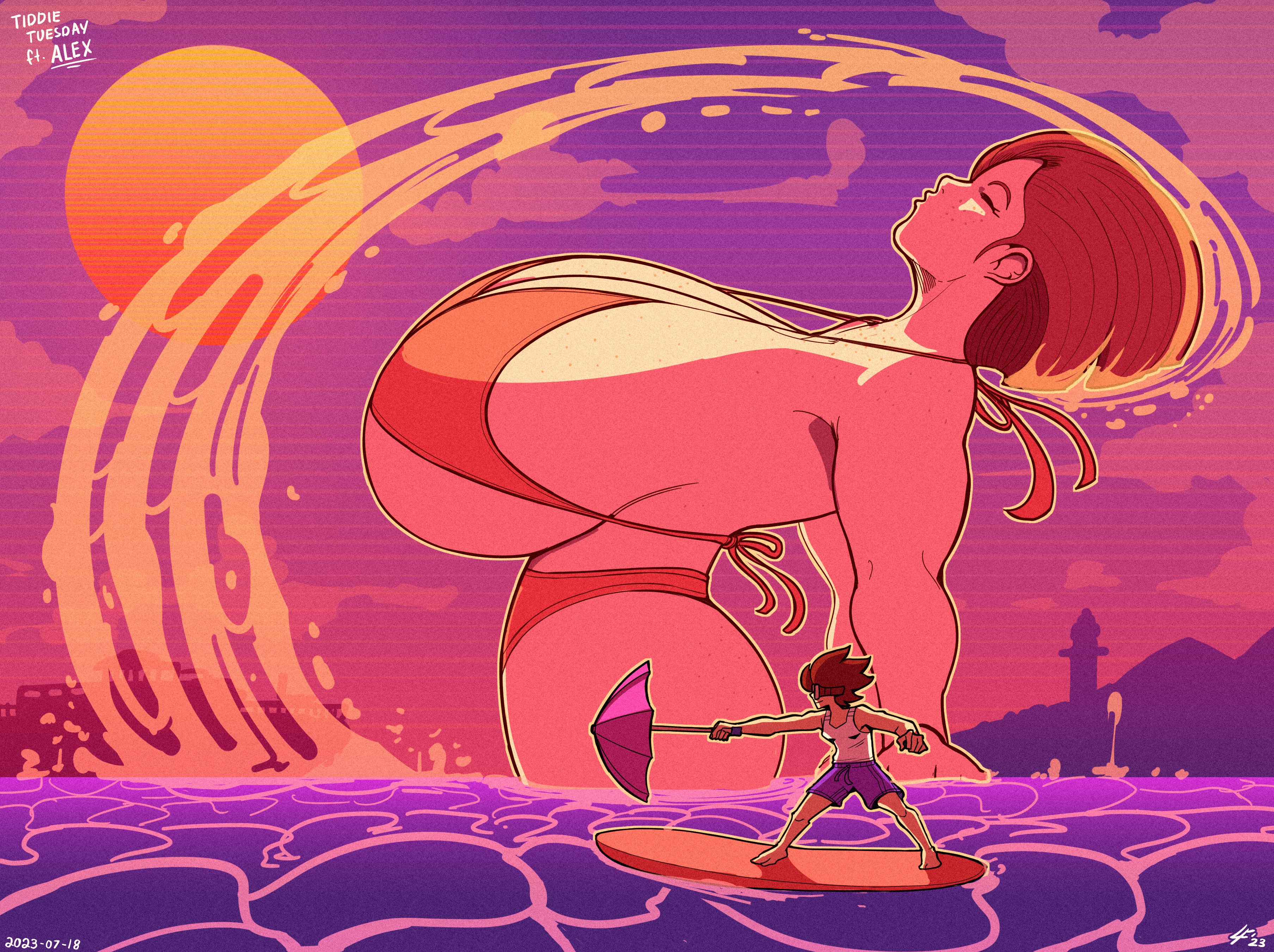 big breasts, breasts, female, giant breasts, giantess, huge breasts, large breasts, lucy fuchs, massive breasts, ocean, sea, surfboard, surfing