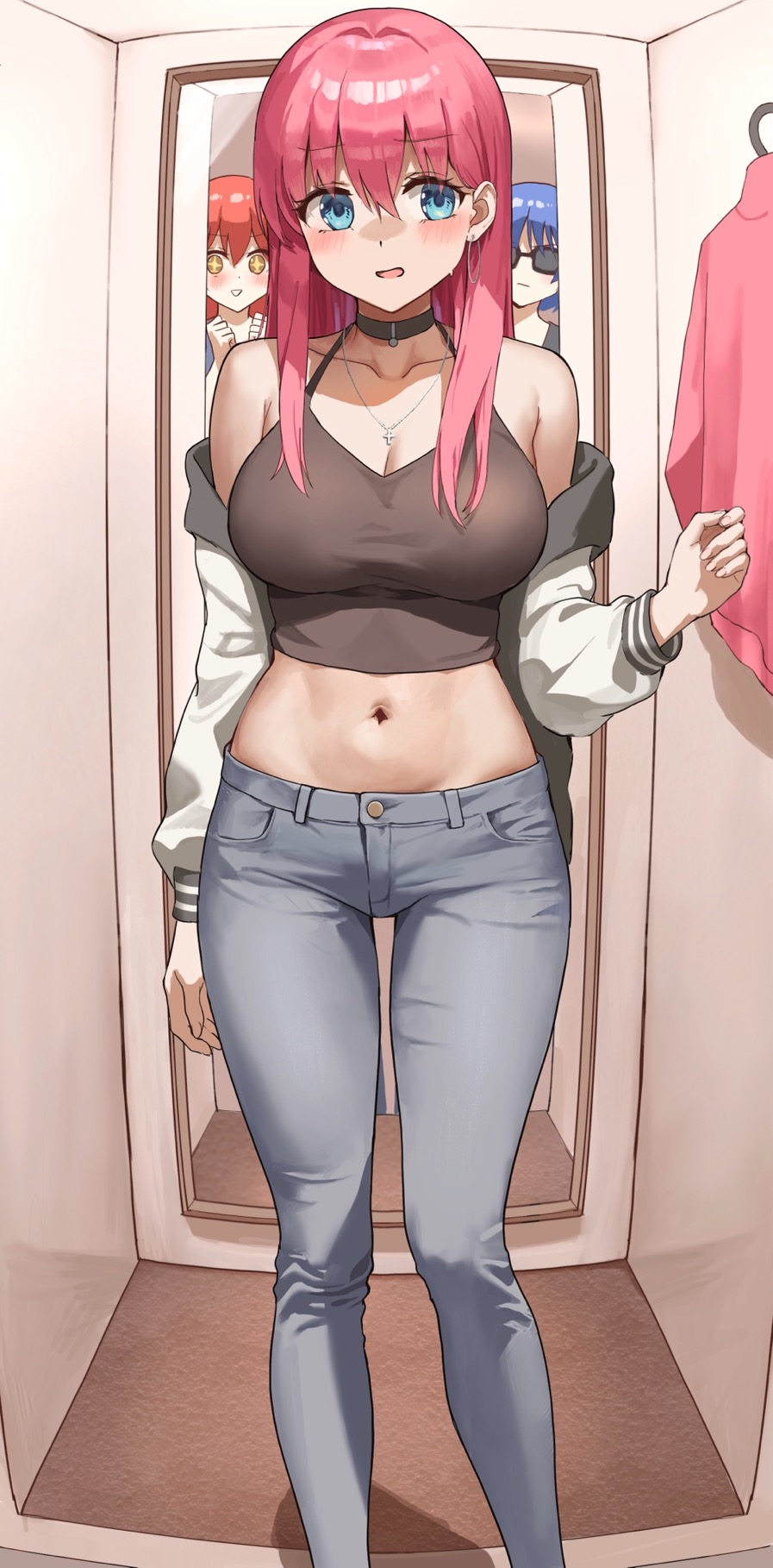 3girls anteiru anteiru3939 belly belly_button blush bocchi_the_rock! breasts changing_room choker cleavage clothing curvy curvy_female curvy_figure earrings female female_only gotou_hitori hi_res hoop_earrings jacket jeans kita_ikuyo large_breasts midriff mirror necklace nervous nervous_smile pink_hair shy skimpy skimpy_clothes smile sparkling_eyes sunglasses yamada_ryou