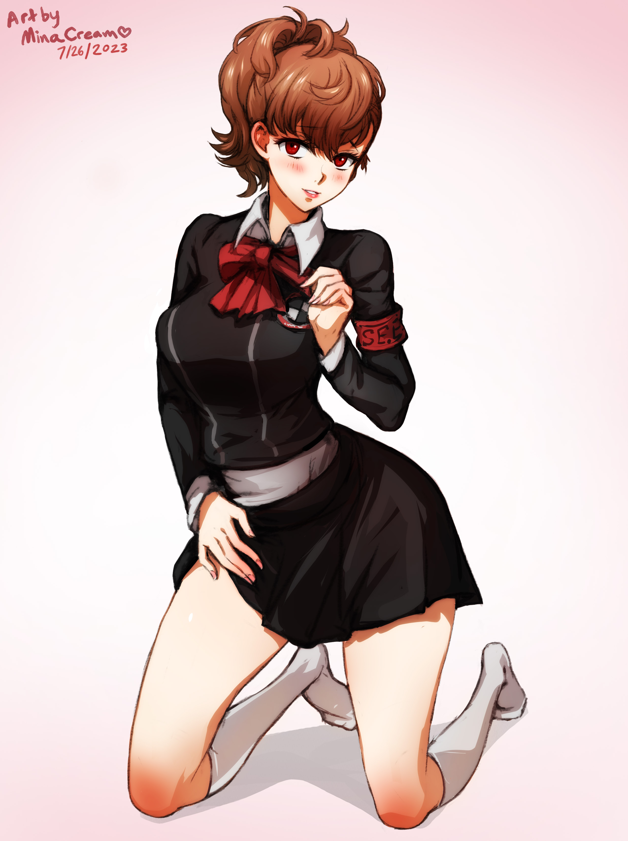 1girls, armband, armwear, brown hair, clothing, female, female only, female protagonist (persona 3), human, kotone shiomi, minacream, pale skin, persona, persona 3, persona 3 portable, red eyes, school uniform, tagme