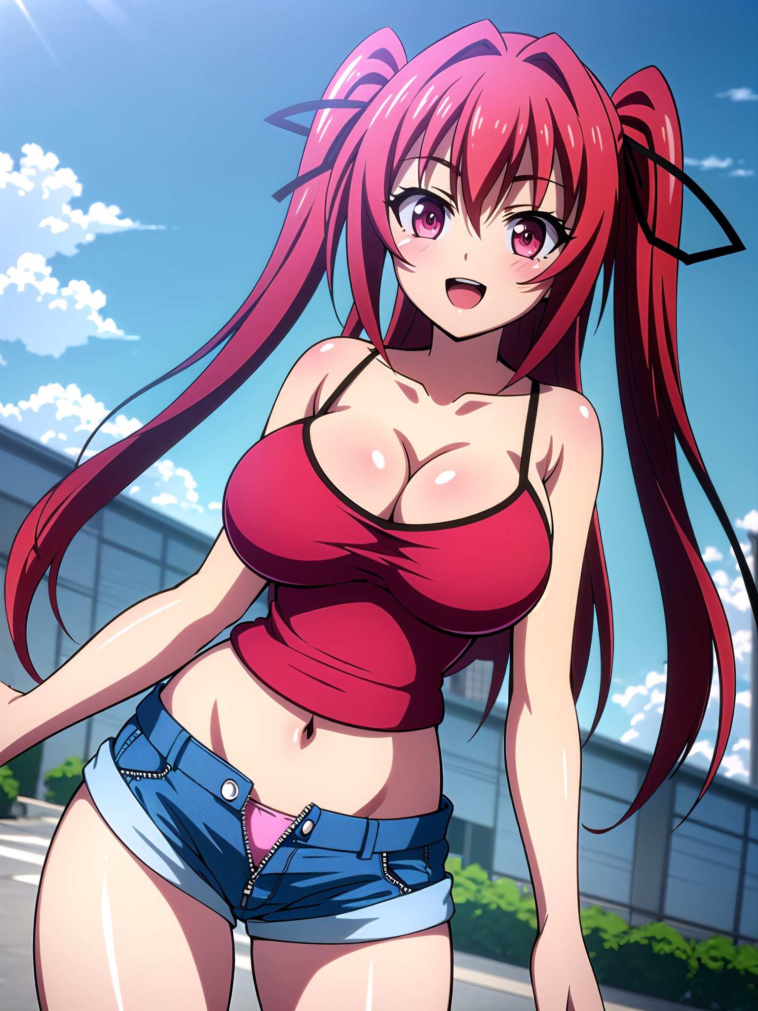 1girls, ai generated, belly button, big breasts, black ribbon, blue shorts, breasts, busty, cleavage, clothing, cute face, denim, denim shorts, female, large breasts, legs, long hair, naruse mio, navel, panties, pink panties, red eyes, red hair, ribbon, shinmai maou no testament, short shorts, shorts, sleeveless, sleeveless shirt, smile, standing, thighs, tied hair, twintails, voluptuous