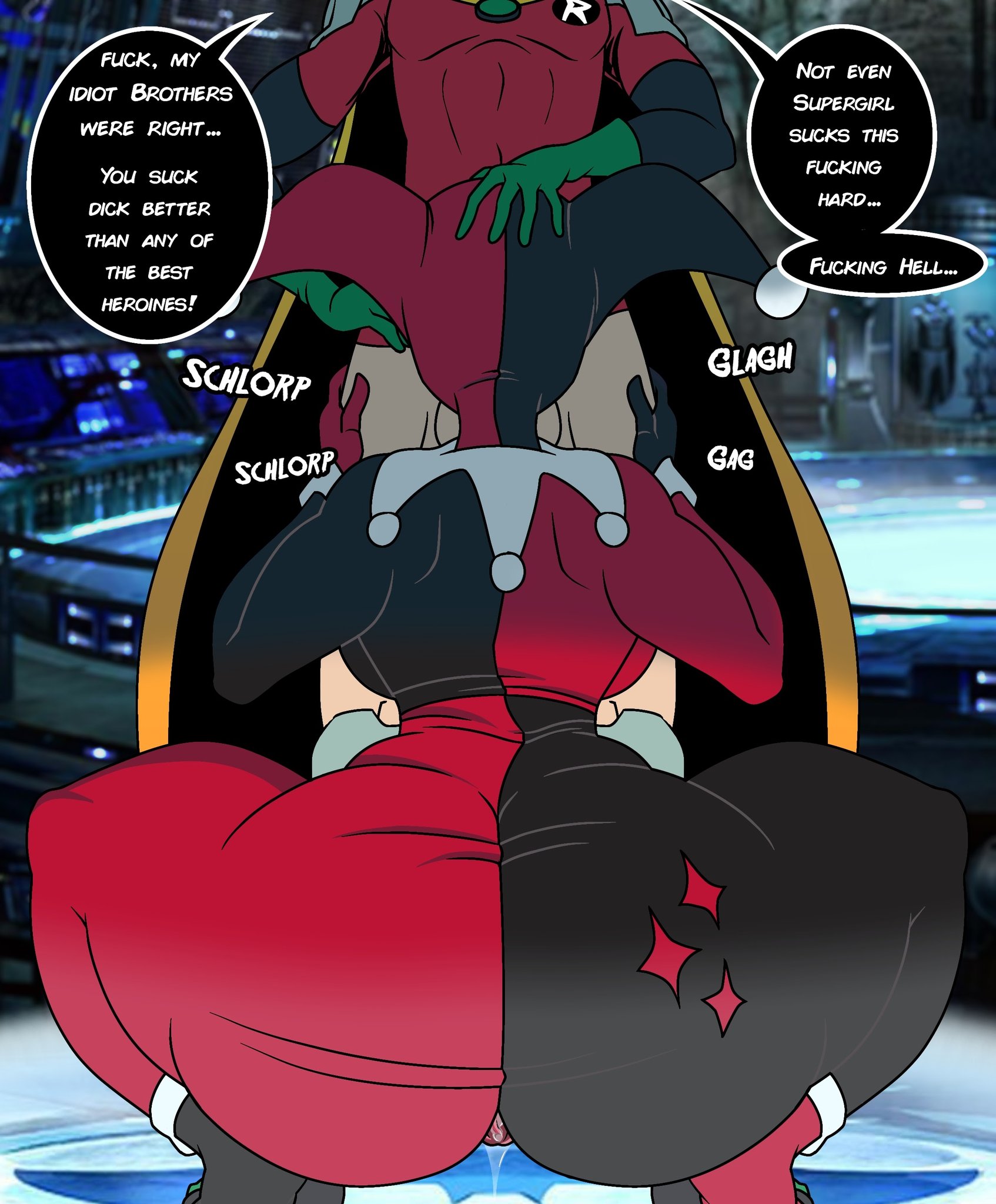 1boy, 1girls, 2022, age difference, ass, ass focus, balls, batman (series), big ass, big balls, big breasts, big butt, blowjob, breasts, bubble ass, bubble butt, clothed sex, clown girl, damian wayne, dc, dc comics, different ass sizes, english text, faceless female, faceless male, fellatio, female, green gloves, harley quinn, harley quinn (classic), head grab, hi res, high resolution, highres, horny male, implied fellatio, light skin, light-skinned female, light-skinned male, male, no pants, penis, pussy, pussy juice, pussy visible through clothes, robin (damian wayne), robin (dc), sexually dimorphic butts, spread legs, squatting, straight, sucking penis, teen titans, thick ass, thick thighs, wet pussy, younger male, zoultan