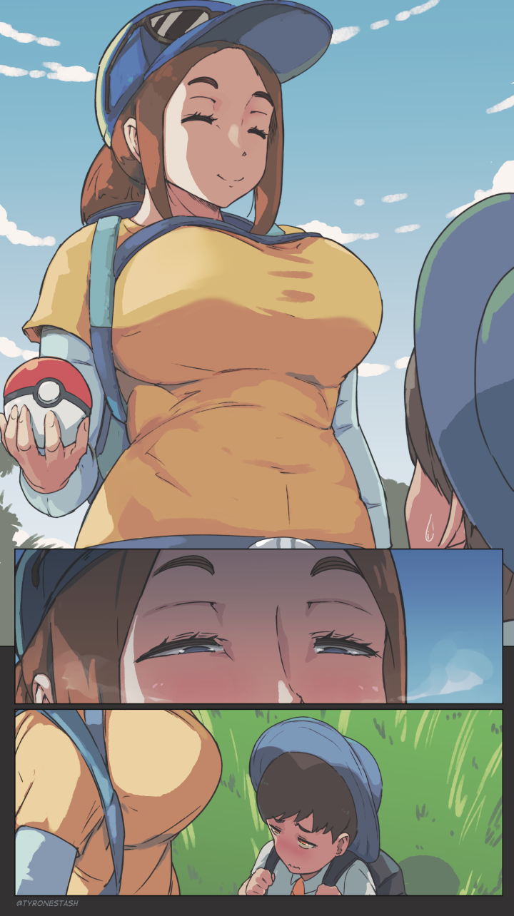 1boy 1boy1girl 1girls age_difference alternate_breast_size backpack big_breasts blush breasts brown_hair closed_eyes cloud comic florian_(pokemon) happy hat heavy_breathing height_difference hiker_(pokemon) hiker_(pokemon_sv) holding_object holding_poke_ball imminent_sex imminent_violation imminent_virginity_loss layered_skirt long_hair long_sleeves muscular_female npc_trainer poke_ball pokemon pokemon_sv school_uniform shadow sky smile sunglasses taller_female tie tyrone tyronestash white_shirt yellow_shirt