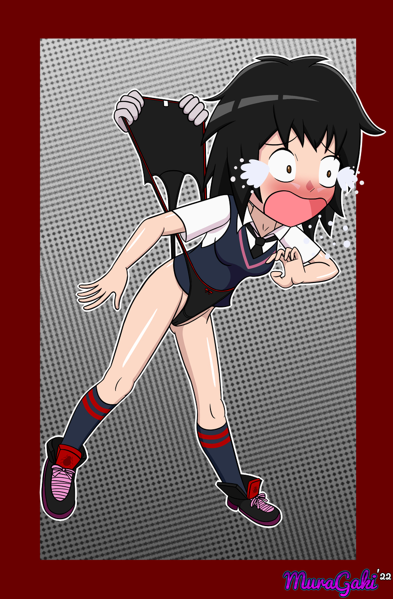 1girls anime_style black_hair black_socks bow breasts crotch cute cute_expression hanging_wedgie humiliated humiliation knee_socks kneehighs kneesocks legholes legs marvel marvel_comics minimalist_background muragaki_oni nerd pain painful panties panties_lift panties_pull panties_tag peni_parker polka_dot_background pulled_panties pulling_panties red_stripes school_uniform shirt shoes socks spider-man:_into_the_spider-verse tears tie vest waistband waistband_pull wedgie white_shirt