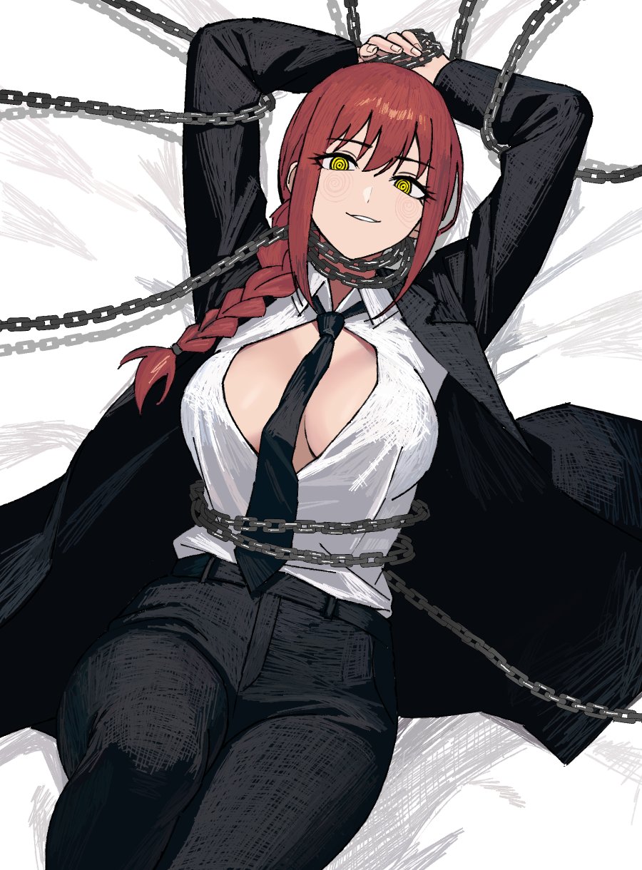 1girls above_view bedroom between_breasts black_coat black_necktie black_pants braid braided_hair braided_ponytail breasts center_opening chain_leash chained_wrists chains chainsaw_man coat collared_shirt female formal fringe ginger highres large_breasts leash light-skinned_female looking_at_viewer lying makima_(chainsaw_man) mappa medium_hair necktie necktie_between_breasts no_bra on_back on_bed pants parted_lips petite ponytail red_hair restrained ringed_eyes school_uniform schoolgirl seductive_eyes seductive_look seductive_smile shirt shirt_tucked_in sidelocks smile solo suit trenchcoat unbuttoned unbuttoned_shirt unusual_pupils white_shirt yellow_eyes zeon_(zzeeonn)