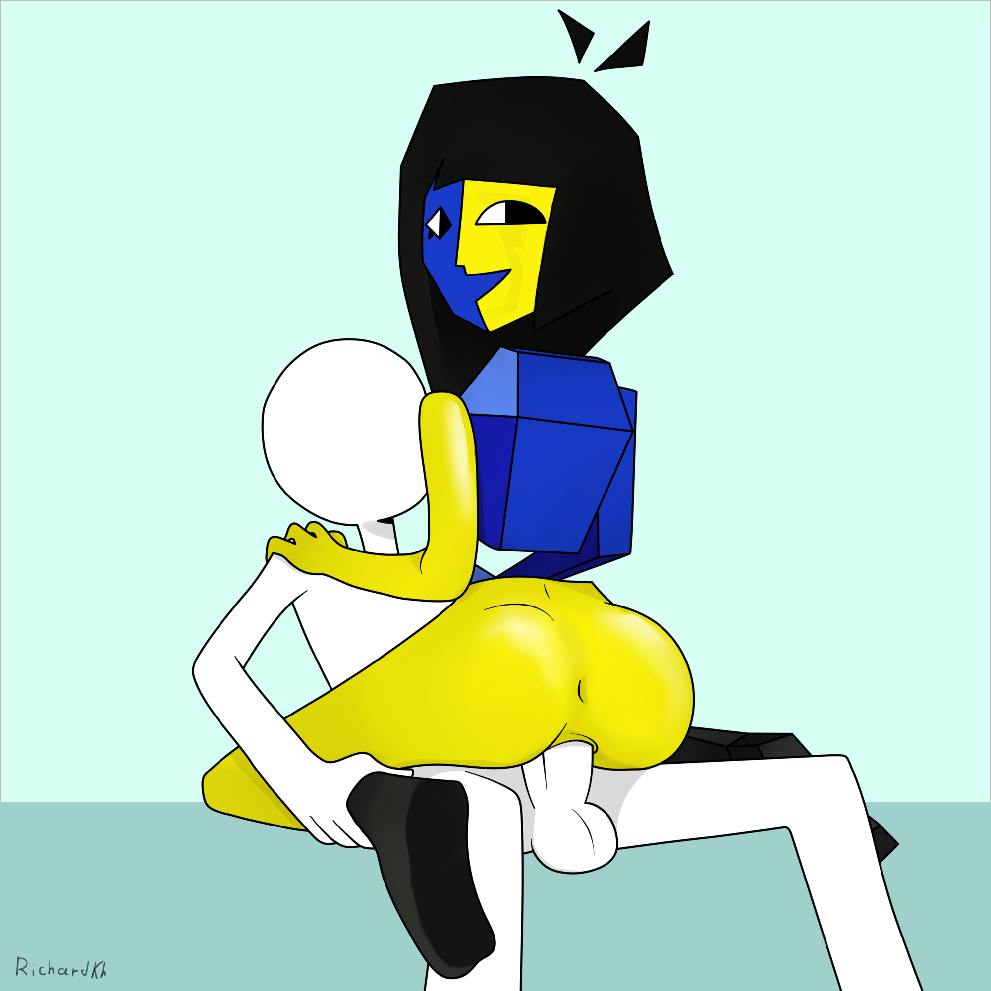 1boy, 1girls, accurate art style, artist request, ass, balls, big ass, ena, ena (series), erection, female, highres, joel g, male, pale skin, penetration, penis, pussy, reverse cowgirl position, sex, tagme, vaginal penetration