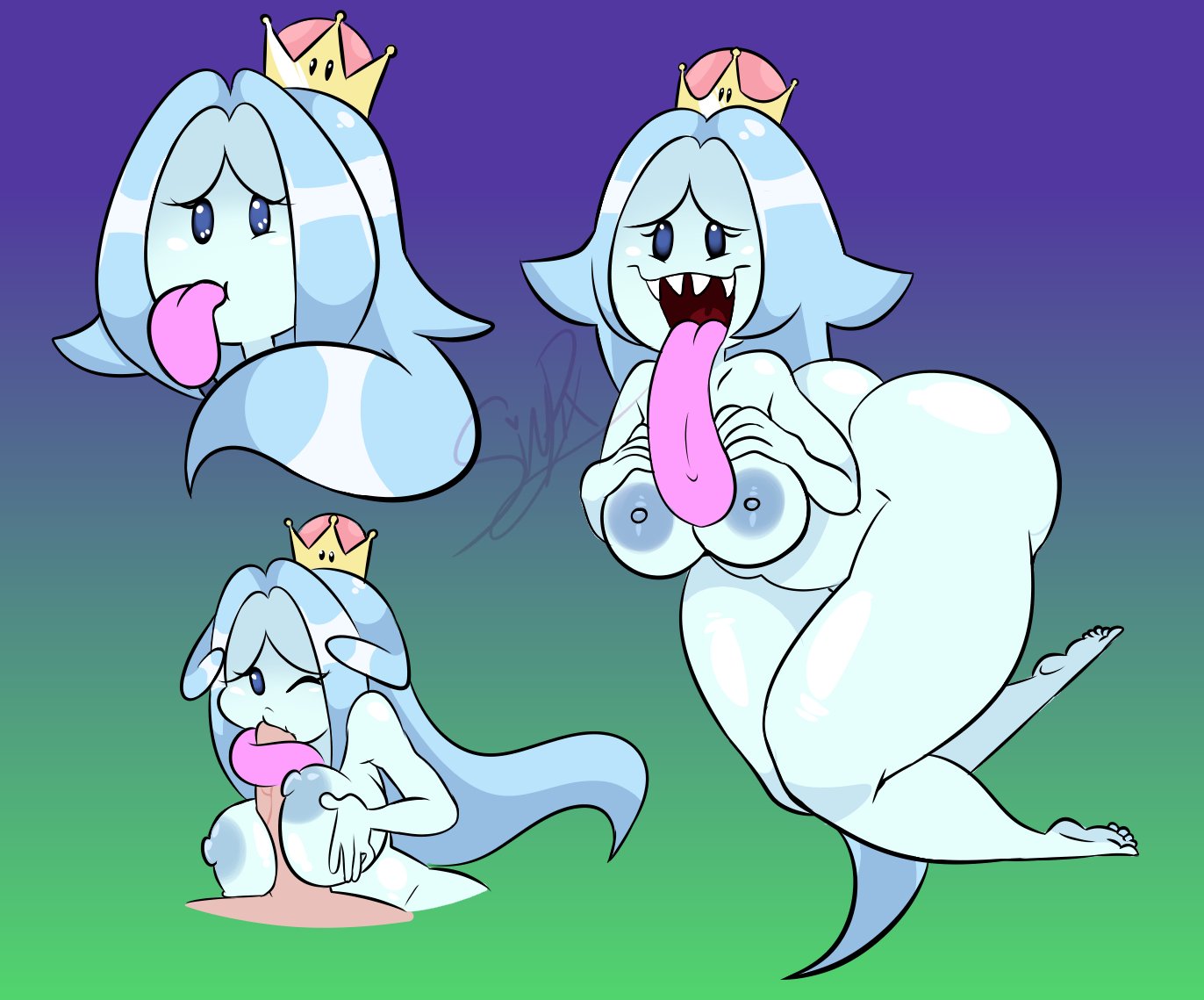 1boy, 1girls, anthro, barefoot, big breasts, big tongue, boo (mario), boosette, breasts, completely nude, crown, female, female focus, full body, ghost, ghost girl, long tongue, male, mario (series), naked, naked female, new super mario bros. u deluxe, nintendo, nude, nude female, pixelzsinful, super crown
