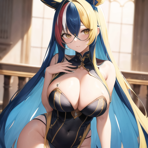 1girls ai_generated big_breasts blushing blushing_at_viewer busty cleavage curvaceous female four_tone_hair huge_breasts indoors large_breasts multicolored_hair navel_visible_through_clothes nemus_waifu_generator pooplool revealing_clothes slight_blush solo tagme very_long_hair voluptuous