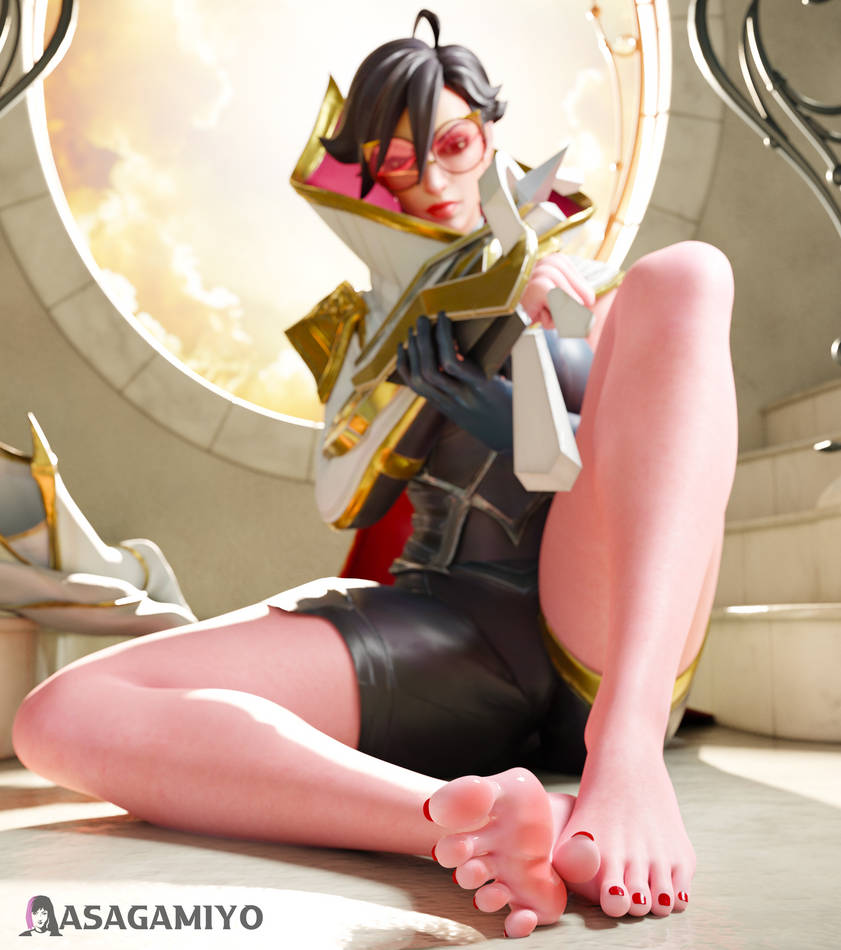 asagamiyo barefoot feet female female_only foot_fetish latex latex_gloves latex_suit league_of_legends legs light-skinned_female light_skin looking_at_viewer red-tinted_eyewear red_glasses red_nails sentinel_vayne short_hair solo solo_female sunglasses the_ruined_king_saga tinted_eyewear vaybu vayne