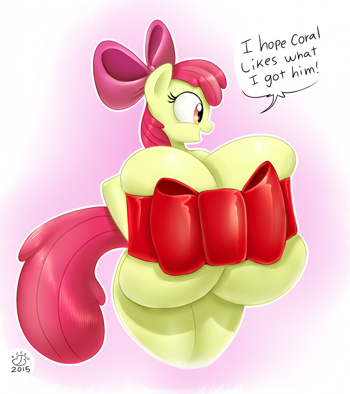 2015 apple_bloom_(mlp) big_breasts christmas_present curvy dated english_text female female_only functionally_nude functionally_nude_female huge_breasts hyper_breasts hyperstorm_h massive_breasts my_little_pony naked nude pony ribbon signature text voluptuous