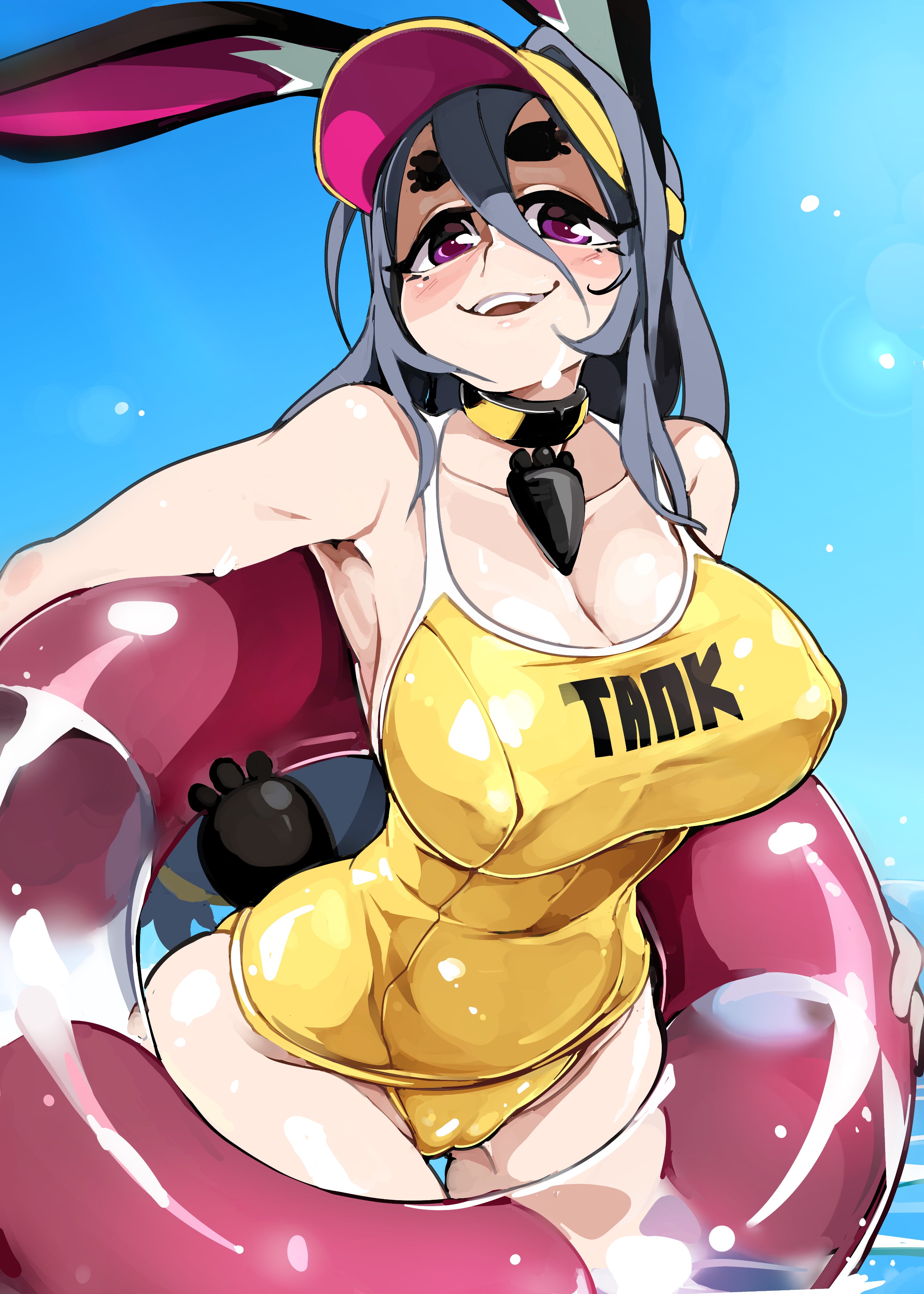 1girls, absurd res, big breasts, bongfillstudent, breasts, bunny ears, bunny girl, bunny industry (bongfillstudent), bunny tail, cameltoe, cap, collar, female, female only, grey hair, in water, inflatable, long hair, looking at viewer, narrowed eyes, nipple bulge, purple eyes, pussy, smiling, smiling at viewer, solo, swimsuit, tank bunny (bongfillstudent), text on clothing, thick eyebrows