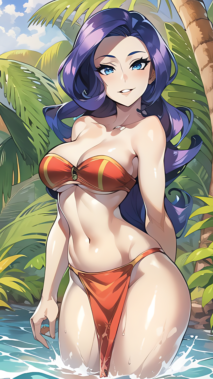 1girls, ai generated, big breasts, blue eyes, breasts, busty, cleavage, female, female only, friendship is magic, huge breasts, humanized, loincloth, long hair, looking at viewer, my little pony, navel, purple hair, rarity (mlp), stable diffusion, standing in water, thick thighs, toned, voluptuous