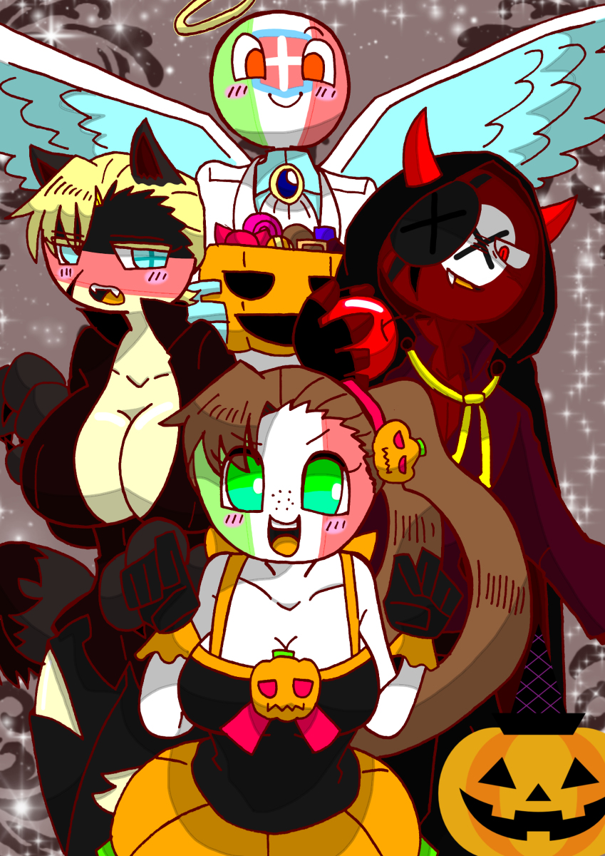 2boys 2girls big_breasts clothing countryhumans countryhumans_girl eyebrows_visible_through_hair fascist_italy_(countryhumans) female germany_(countryhumans) halloween italy_(countryhumans) looking_at_viewer nazi_germany_(countryhumans) ponytail safe sfw tomboy wings yellow_body yellow_skin 零戰