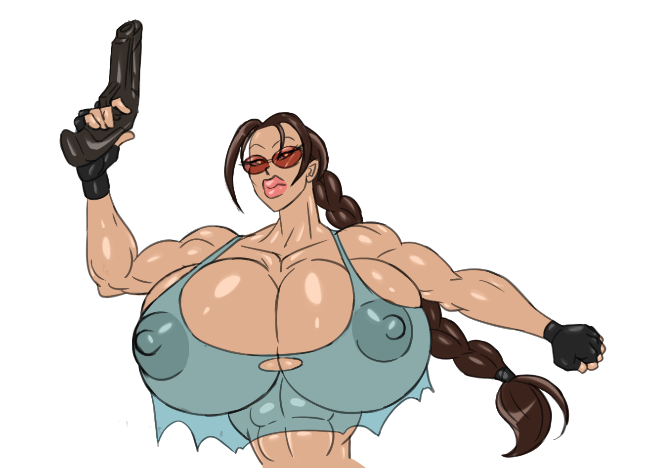 abs, areolae, biceps, big breasts, bimbo, bimbo lips, braid, breasts, brown hair, busty, cleavage, crop top, female, female focus, female only, fingerless gloves, glasses, hourglass figure, huge breasts, hyper breasts, lara croft, lara croft (classic), large breasts, lipstick, long hair, muscles, muscular, muscular female, nipple bulge, nipples, red-tinted eyewear, ripped clothes, ripped clothing, see-through, see-through clothing, sun1sol, sunglasses, tinted eyewear, tomb raider, tomb raider (classic), toned, toned female, torn clothes, torn clothing