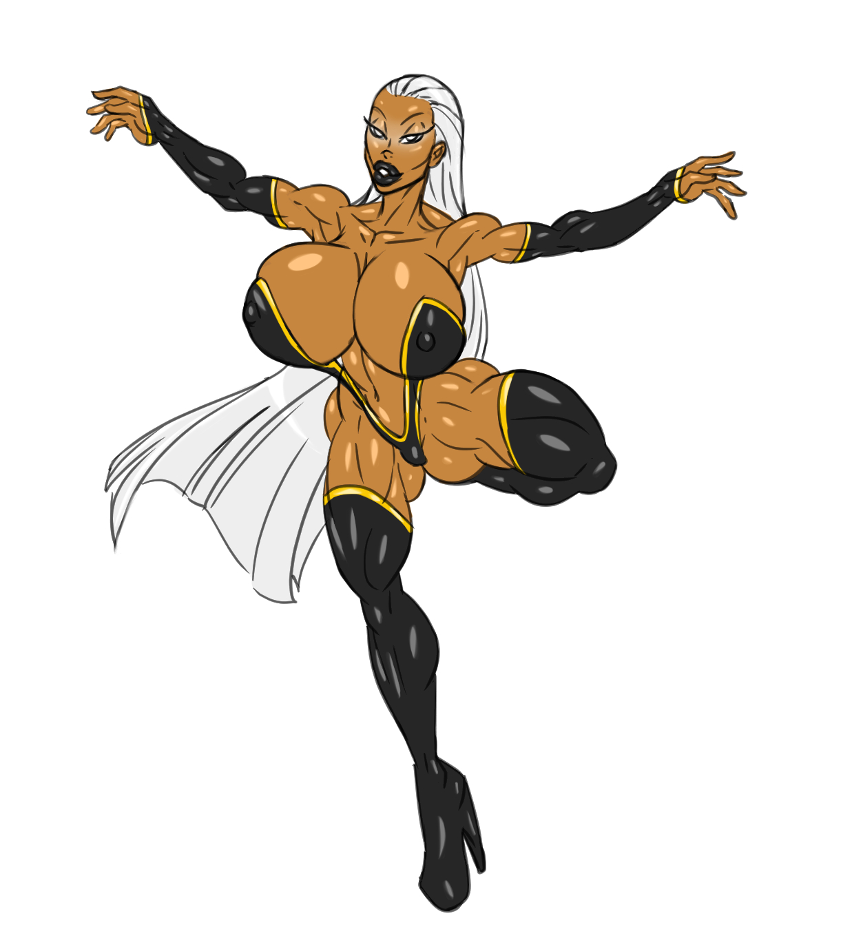 big breasts, bimbo, bimbo body, bimbo lips, breasts, dark skin, dark-skinned female, female, high heel boots, high heels, hyper breasts, long hair, marvel, marvel comics, ororo munroe, platform heels, storm (x-men), sun1sol, thick thighs, white hair, x-men