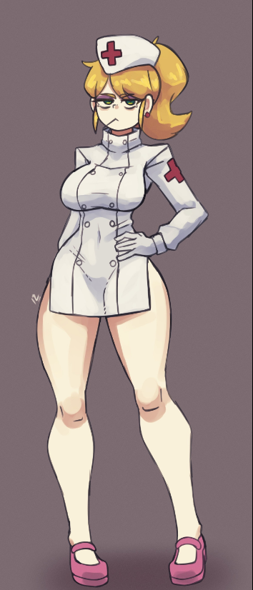 1girls bare_thighs belly_button big_breasts blonde_hair clothed clothing docecaedrus earrings female female_only gloves green_eyes hat hourglass_figure looking_at_viewer nurse nurse_(terraria) nurse_uniform pelvic_curtain ponytail revealing_clothes small_waist smug_face solo standing terraria thick_thighs