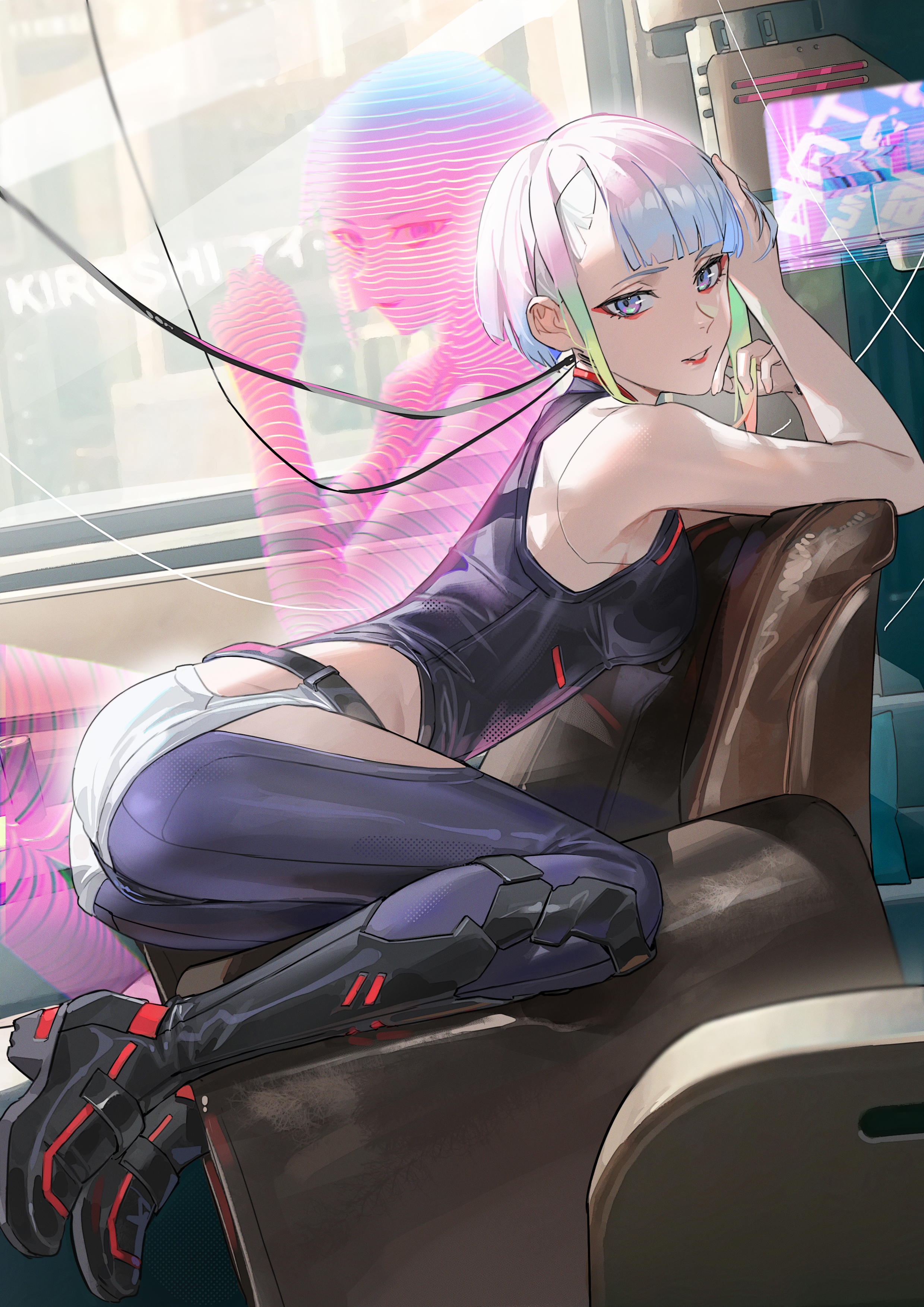 1girls, asian, asian female, ass, big ass, cd projekt red, cyberpunk 2077, cyberpunk: edgerunners, female, female only, light skin, light-skinned female, looking at viewer, lucyna kushinada, mumei (artist), no artist signature, small mouth, small nose, studio trigger, tight clothing