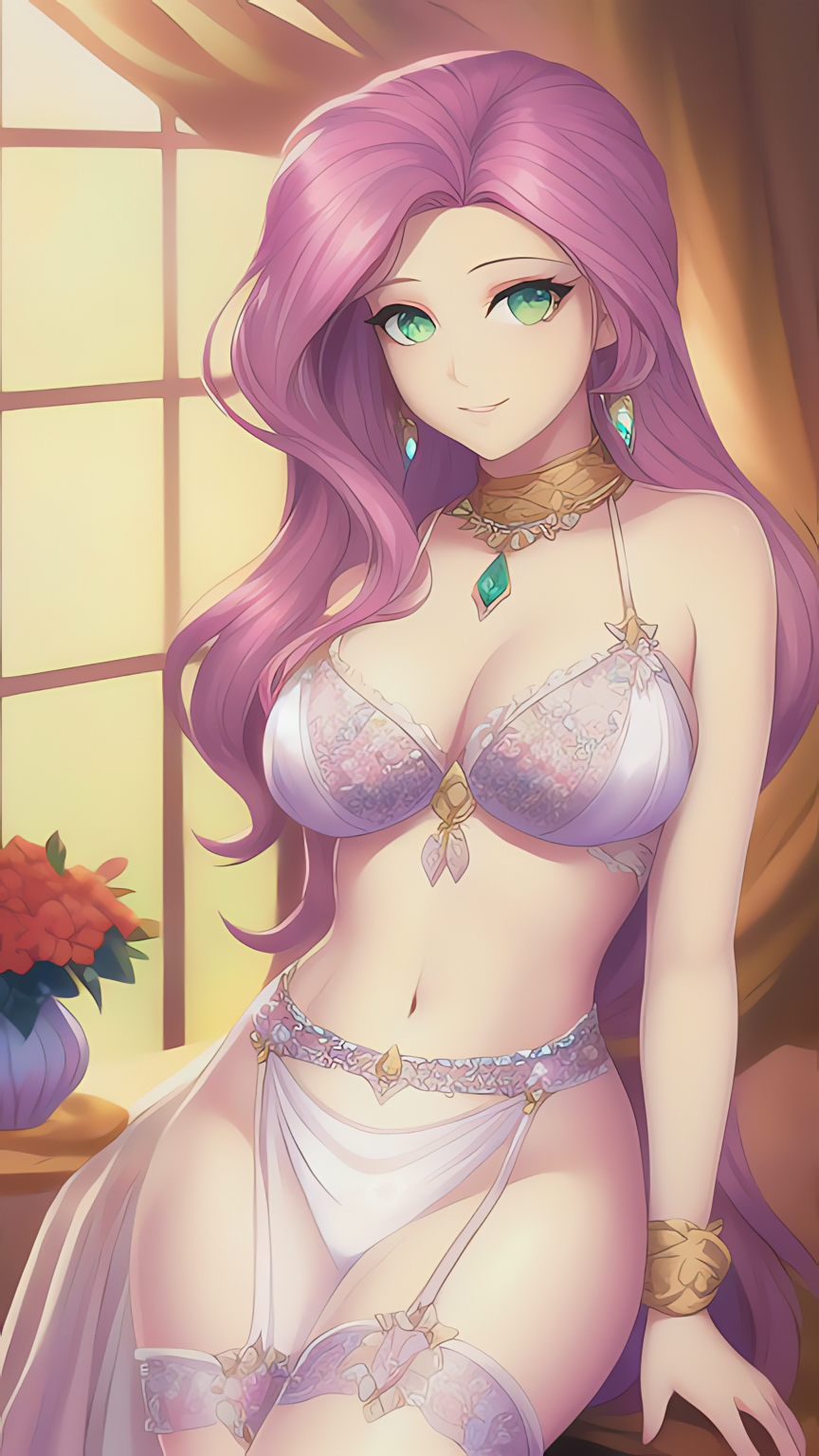 1girls, ai generated, breasts, cleavage, female, female only, fluttershy (mlp), friendship is magic, garter belt, garter straps, green eyes, humanized, large breasts, lingerie, loincloth, long hair, my little pony, pink hair, stable diffusion, voluptuous