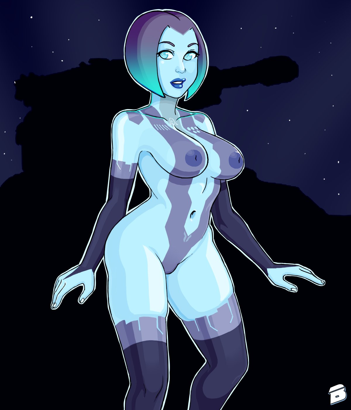 1girls areolae ass b-intend blue_eyes blue_hair breasts cortana halo_(series) hips inverted_nipples lanhar_vids large_breasts looking_at_viewer nipples thick_thighs thighs tummy