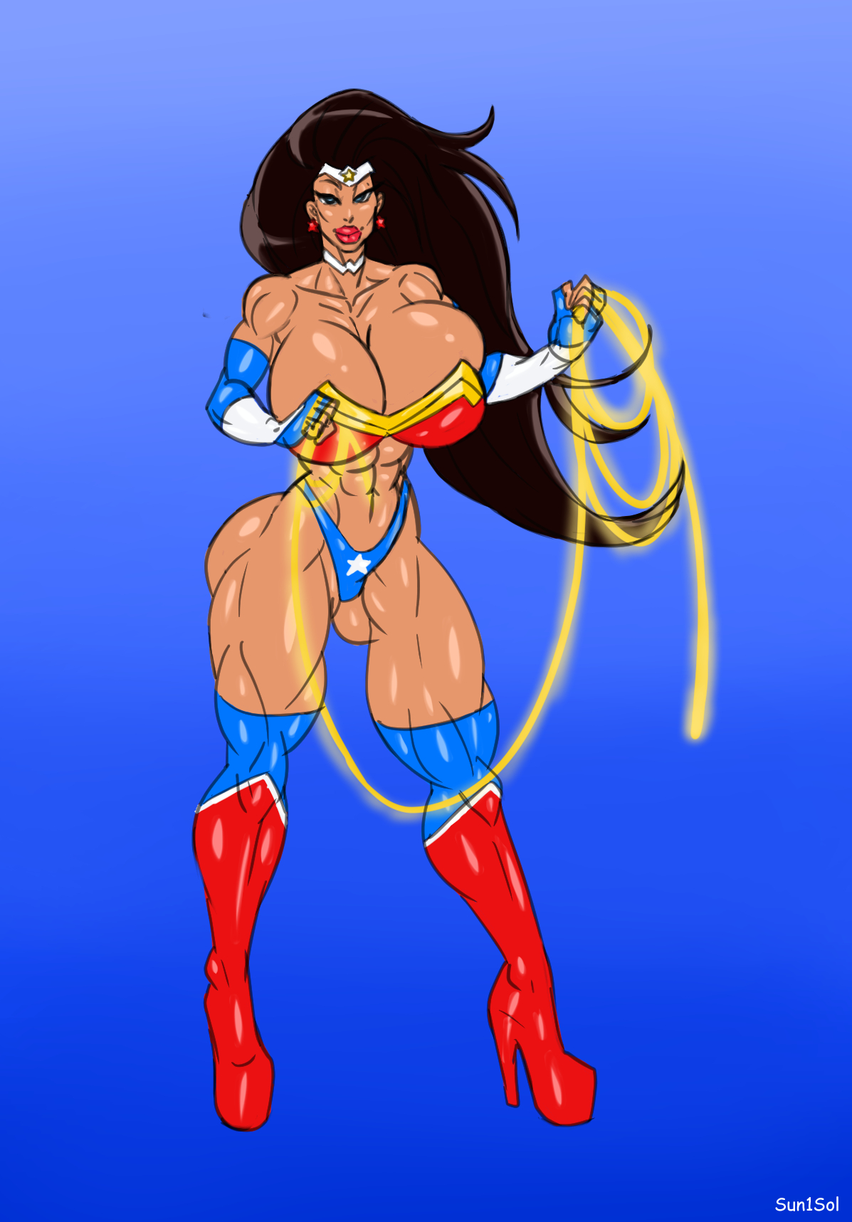 abs, breasts, dc, dc comics, diana of themyscira, diana prince, female, high heel boots, high heels, hyper breasts, muscular, muscular female, platform heels, sun1sol, thick thighs, wonder woman, wonder woman (series)