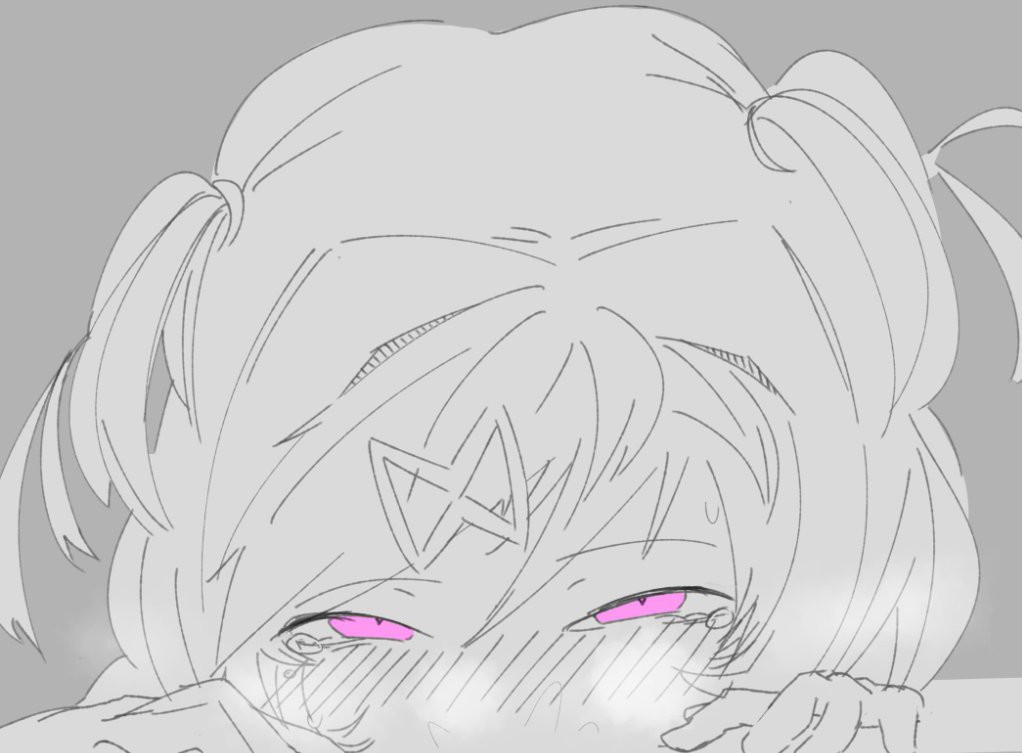 blush blush_lines blushing colored_eyes doki_doki_literature_club exspiravitbag female hair_intakes implied_blowjob implied_fellatio monochrome natsuki_(doki_doki_literature_club) out_of_frame pink_eyes sketch