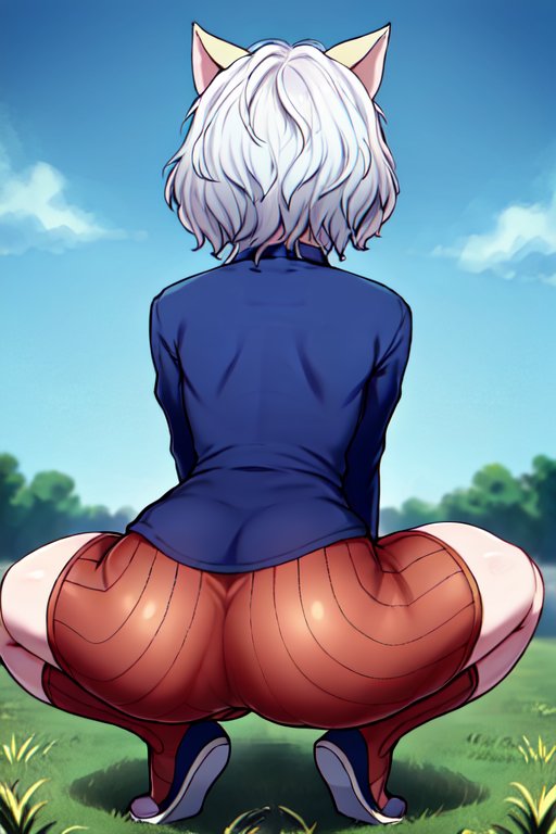 1girls ai_generated animal_ears ass big_butt breasts butt butt_focus cat_girl catgirl chimera_ant clothed fat_ass female female_only humanoid hunter_x_hunter neferpitou pale-skinned_female pale_skin short_hair shounen_jump solo thighs villainess white_hair