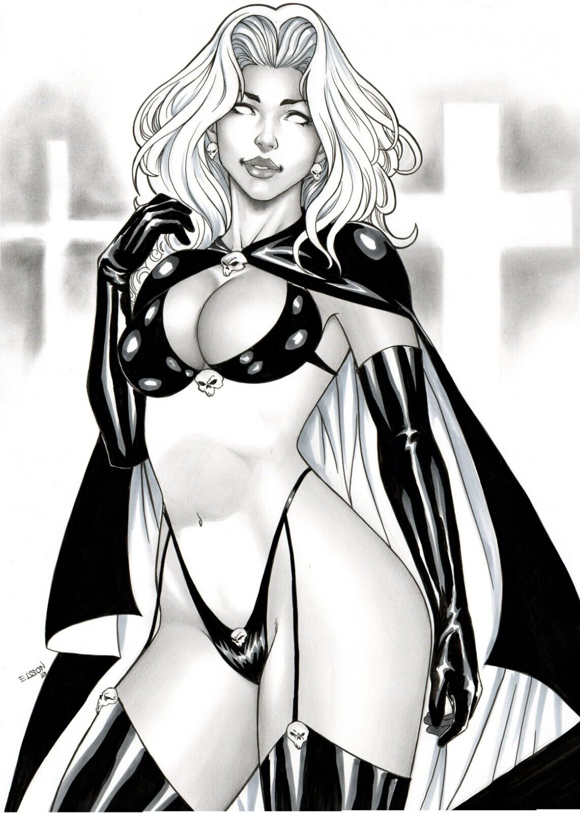 1girls chaos_comics coffin_comics curvy_body curvy_female curvy_figure death_(personification) ed_benes_studio grim_reaper hi_res huge_breasts lady_death latex_gloves latex_thighhighs queen_of_the_dead seductive_look voluptuous voluptuous_female