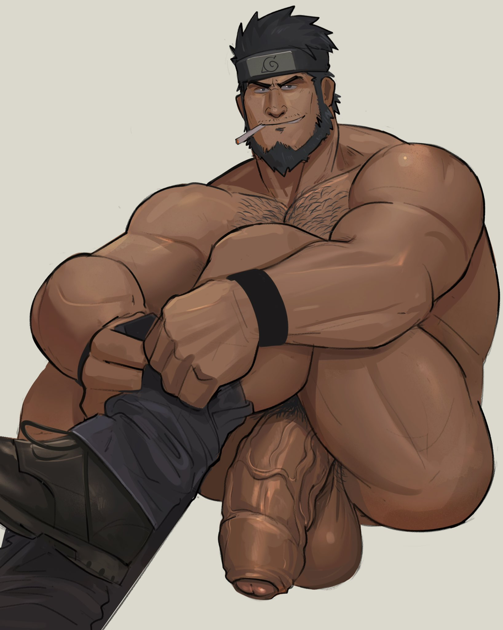 1boy, 2023, balls, bara, beard, biceps, big balls, big penis, black hair, clothing, completely nude, daddy, facial hair, fat cock, flaccid, flaccid penis, foreskin, gay, hairy chest, hi res, highres, huge cock, kenkudog, looking at viewer, male, male focus, male only, male pubic hair, masculine male, muscles, muscular, muscular arms, muscular legs, muscular male, muscular thighs, naruto, naruto (series), nude, partially retracted foreskin, penis, penis down, pubic hair, retracted foreskin, sarutobi asuma, solo, solo male, taking clothes off, uncircumcised, vein, veiny penis, yaoi