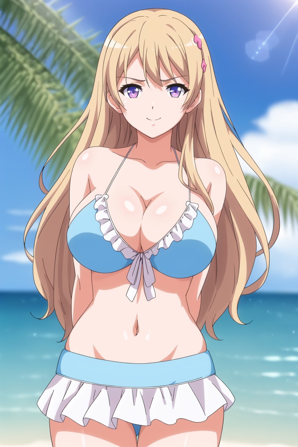 1girls ai_generated beach big_breasts bikini blonde_hair busty cleavage eroge!_h_mo_game_mo_kaihatsu_zanmai female female_only fujiwara_momoka large_breasts legs navel ocean purple_eyes smile solo thighs voluptuous water