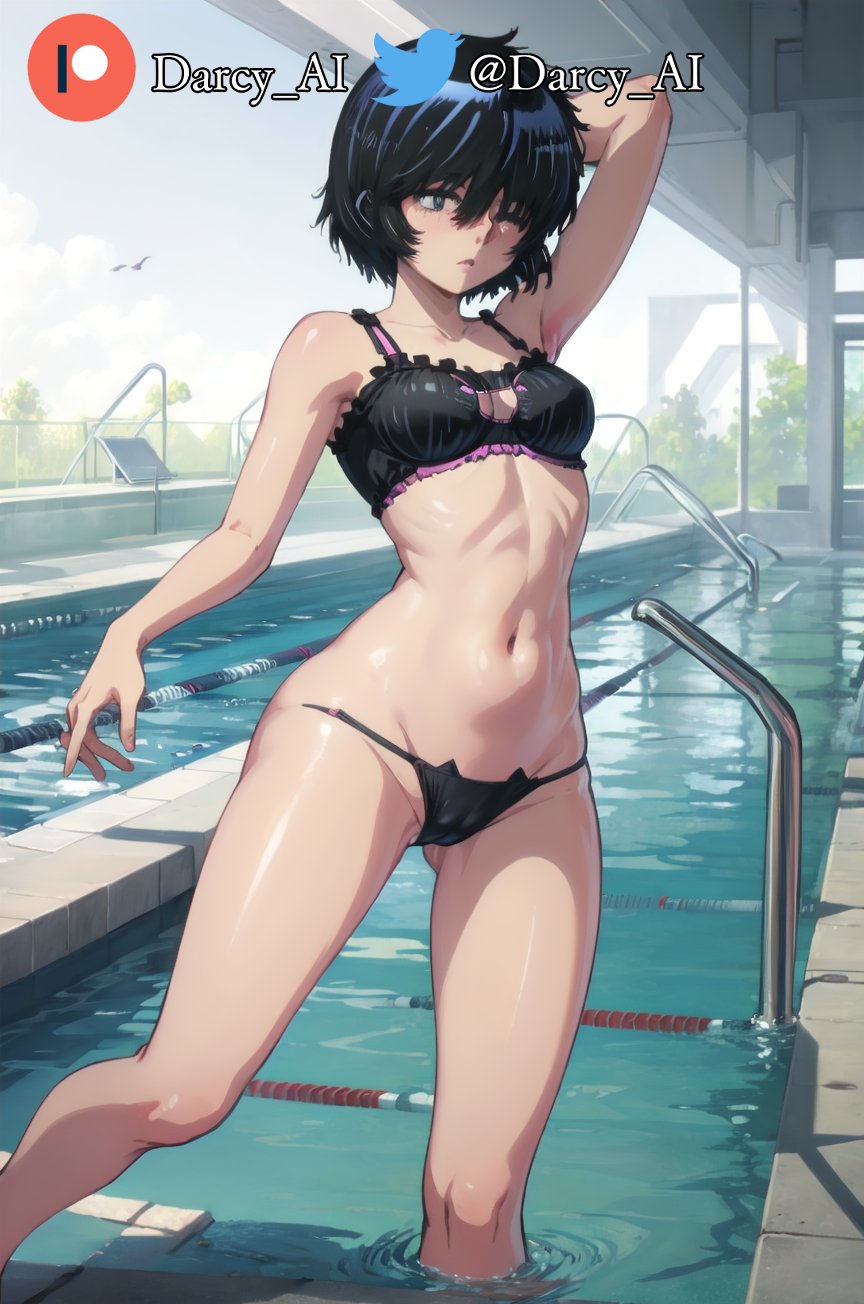 4k absurd_res ai_generated big_areola black_eyes black_hair cameltoe cat_lingerie detailed_background nazo_no_kanojo_x pool short_hair skinny small_breasts small_hips urabe_mikoto