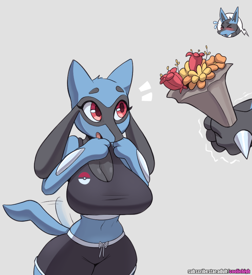 1boy 1boy1girl 1girls anthro belly belly_button big_breasts blush breasts clothed clothing cooliehigh creatures_(company) crop_top female female_lucario flower fur game_freak generation_4_pokemon lucario male male/female nintendo poke_ball pokemon pokemon_(species) pokemon_dppt riolu tagme tail tailwag url valentine valentine's_day valentine's_day_2023 valentines_day