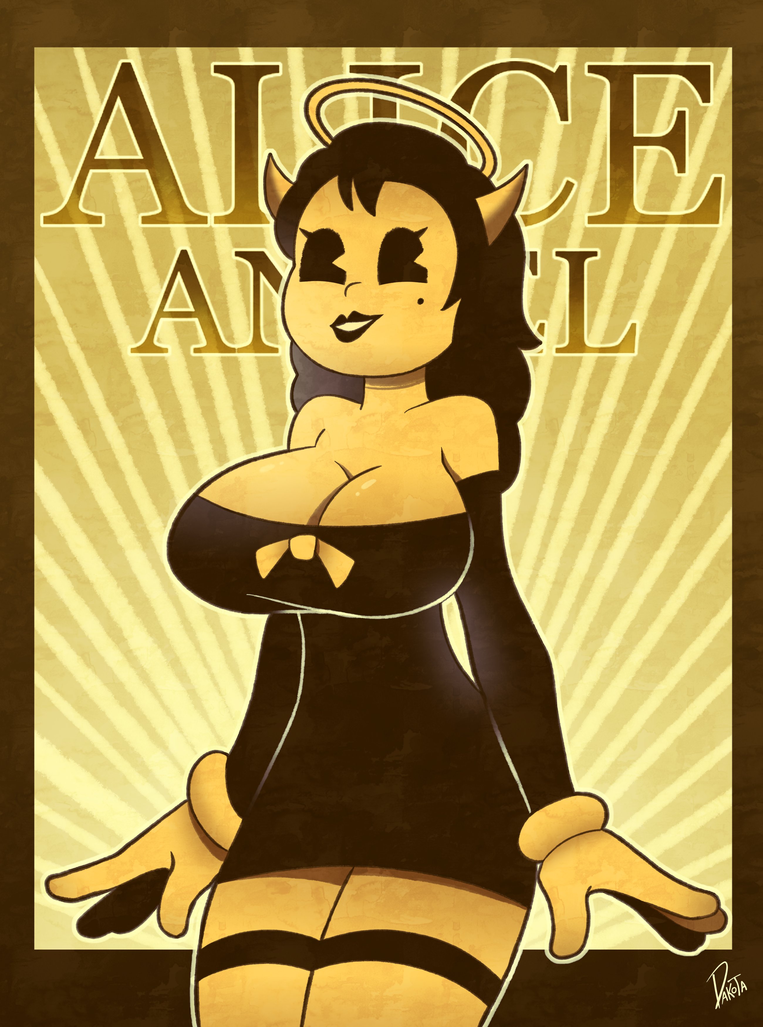 2023, alice angel, angel, bendy and the ink machine, big breasts, breasts, dakota018, female, female only, front view, fully clothed, halo, horns, tagme, text