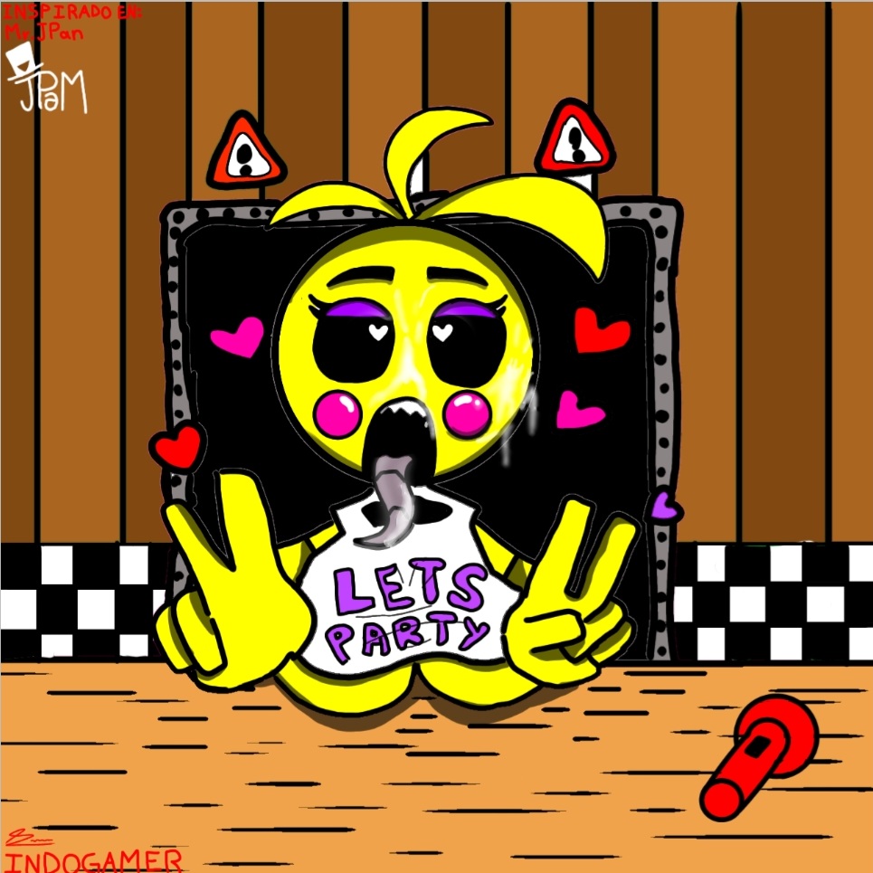 animatronic black_eyes breasts cum cumshot drawn five_nights_at_freddy's fnaf tongue toy toy_chica_(fnaf)