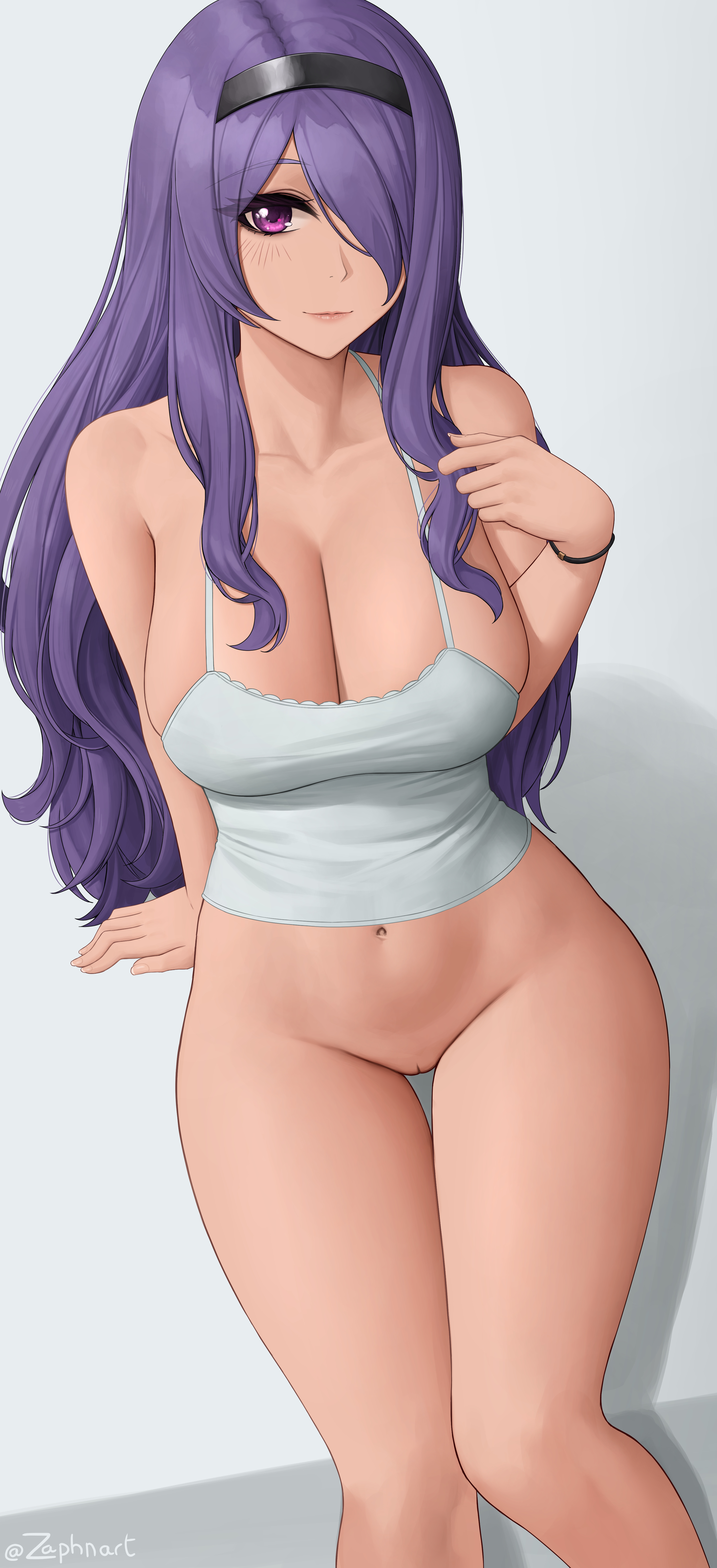1girls, absurdres, bangs, bare shoulders, blush, breasts, camilla (fire emblem), camisole, cleavage, collarbone, female, female only, fire emblem, fire emblem fates, hair over one eye, headband, highres, large breasts, long hair, looking at viewer, navel, nintendo, pink eyes, purple hair, smile, solo, tank top, thighs, very long hair, watermark, wavy hair, white camisole, white topwear, zaphn