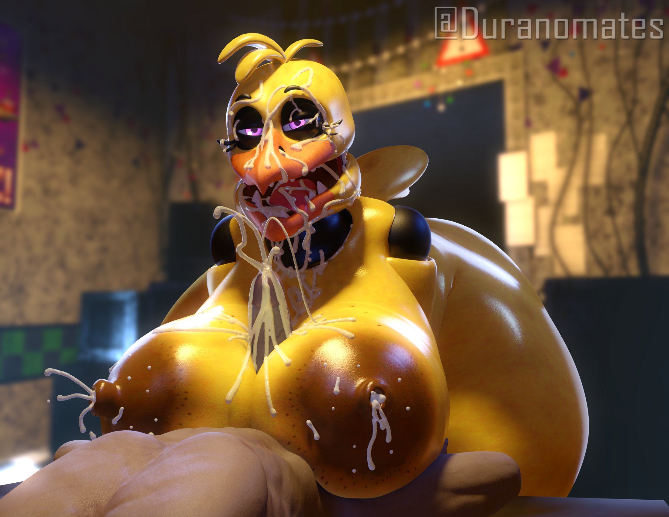 1boy, 1girls, 3d, 3d (artwork), anthro, areolae, big penis, boobjob, breasts, chica (fnaf), cum, cum in mouth, cum on body, cum on breasts, duranomates, female, five nights at freddy's, five nights at freddy's 2, fnaf2 location, hi res, huge breasts, human, human on anthro, lactation, large areolae, light skin, light-skinned male, male, male/female, nipples, open mouth, paizuri, penis, scottgames, size difference, thick thighs, titjob, wide hips, withered chica, withered chica (spacebaron), yellow body