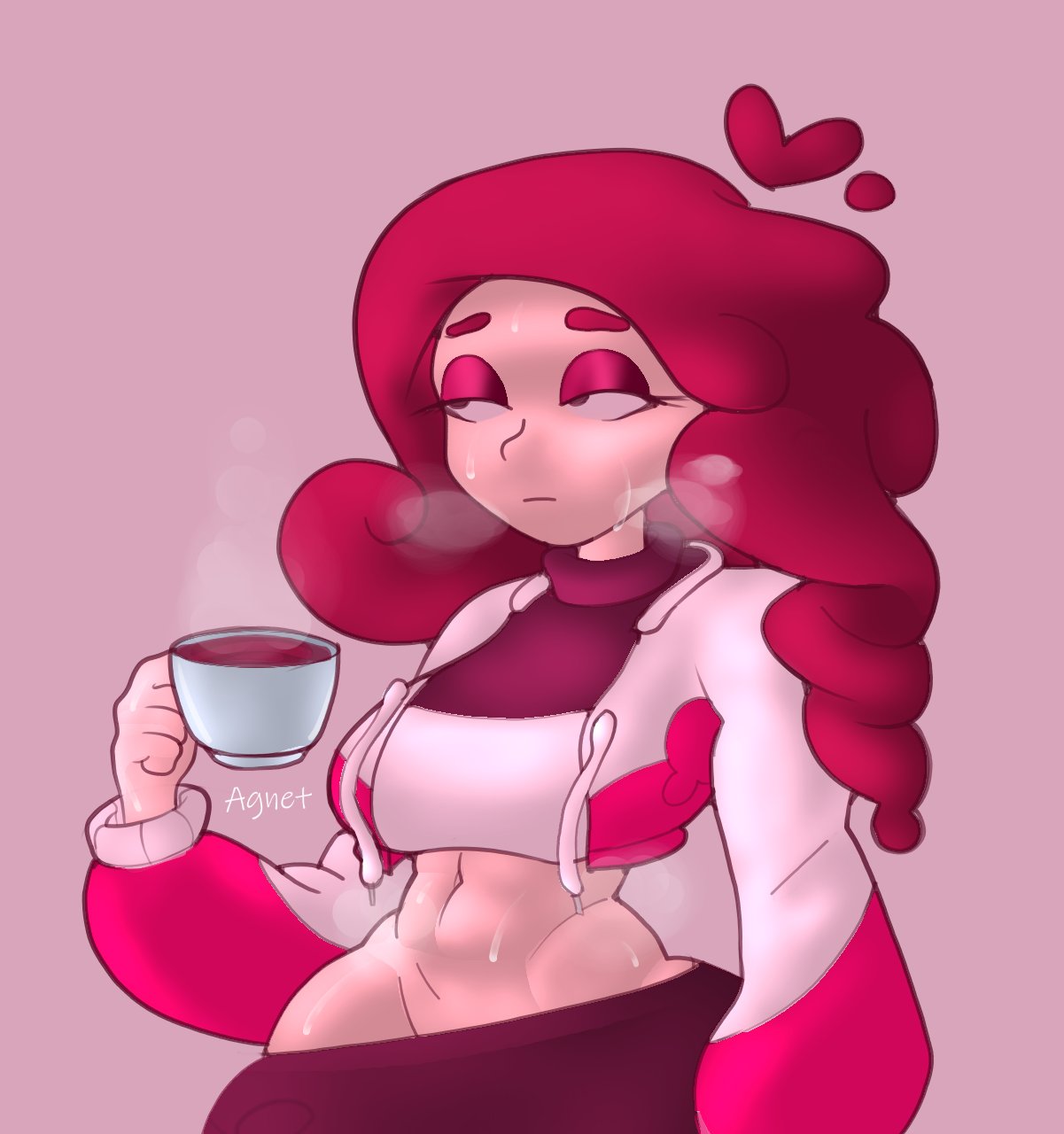 1girls female female_focus female_only original_character partially_clothed pink_background pink_hair signature simple_background sweat sweatdrop sweating tagme tagme_(character) tea tea_cup theatneg